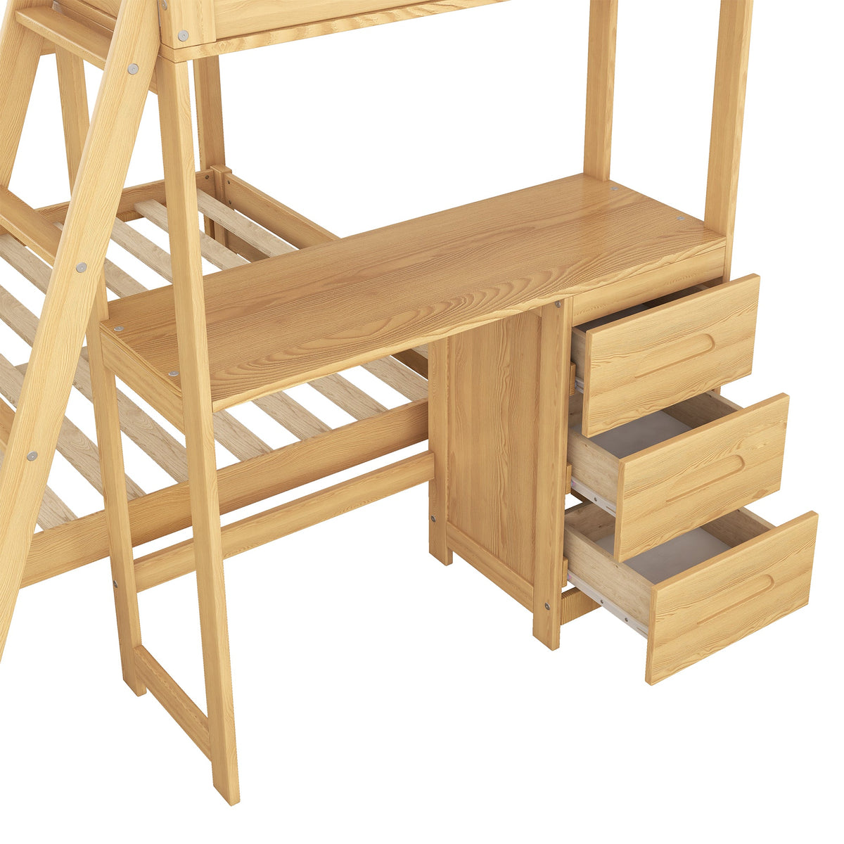 Twin Over Full Bunk Bed with Built-in Desk and Three Drawers