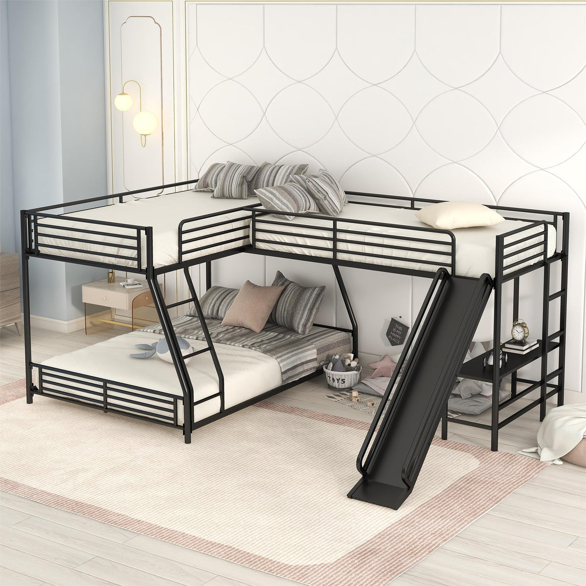 L-Shaped Twin Over Full Bunk Bed with Twin Size Loft Bed, Built-in Desk and Slide