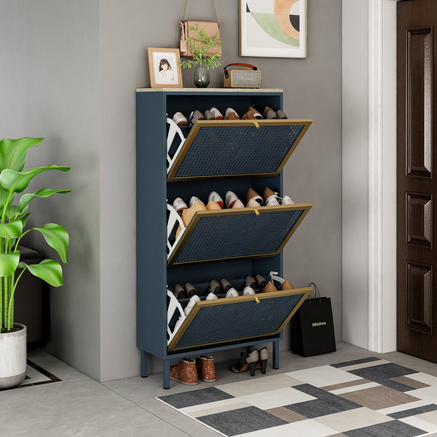 3 Metal Door Shoe Rack - Freestanding Modern Shoe Storage Cabinet