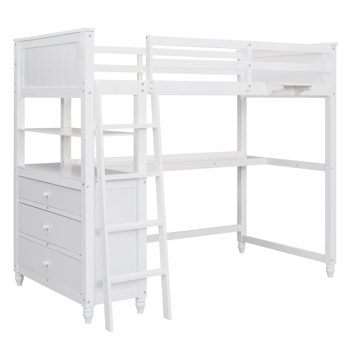 Twin Size Loft Bed with Drawers and Desk - White
