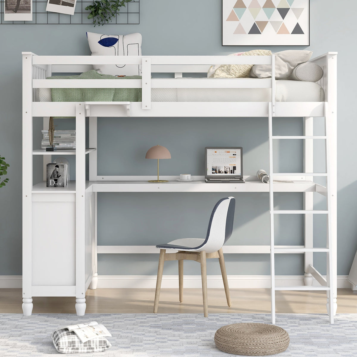 Twin Size Loft Bed with Drawers and Desk - White