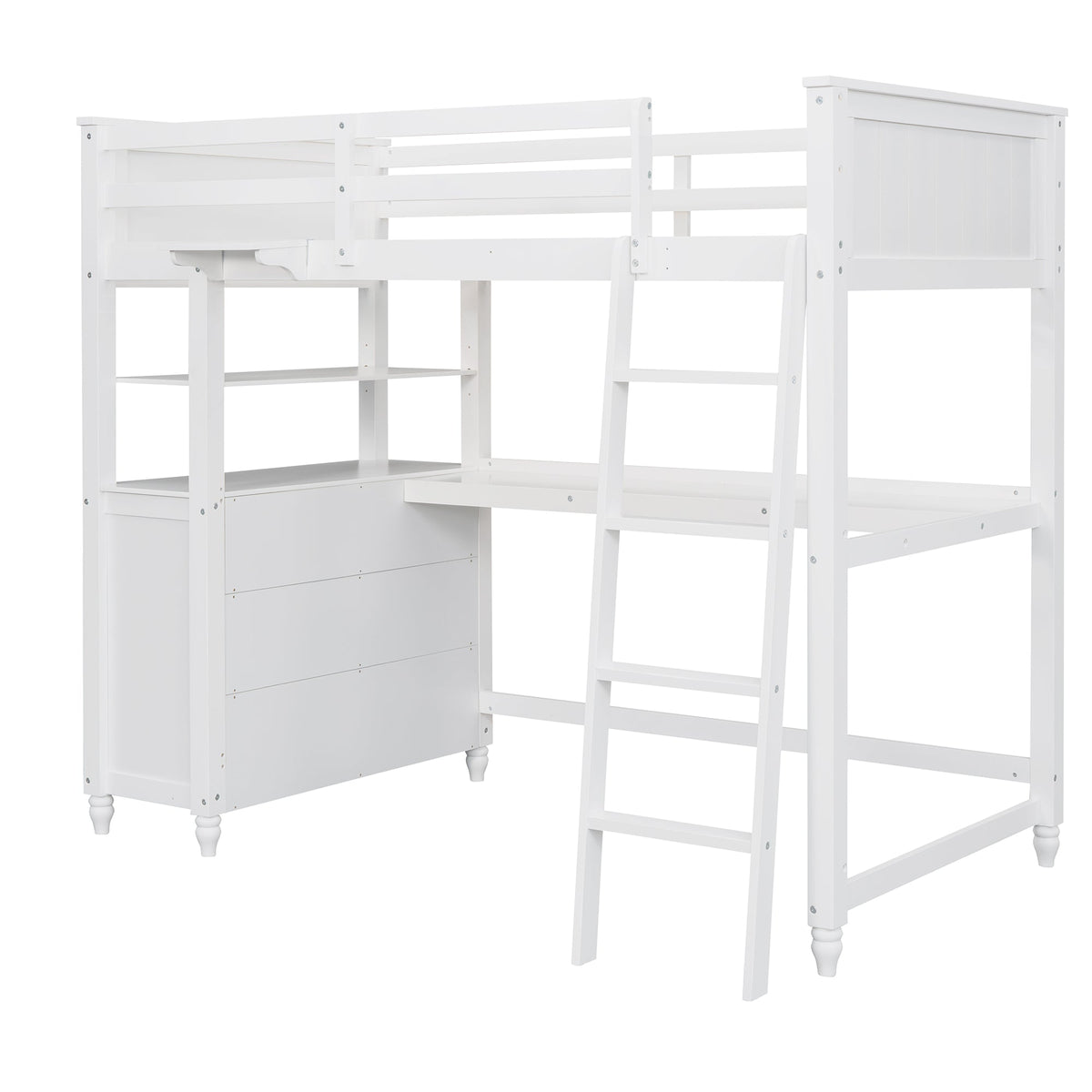 Twin Size Loft Bed with Drawers and Desk - White