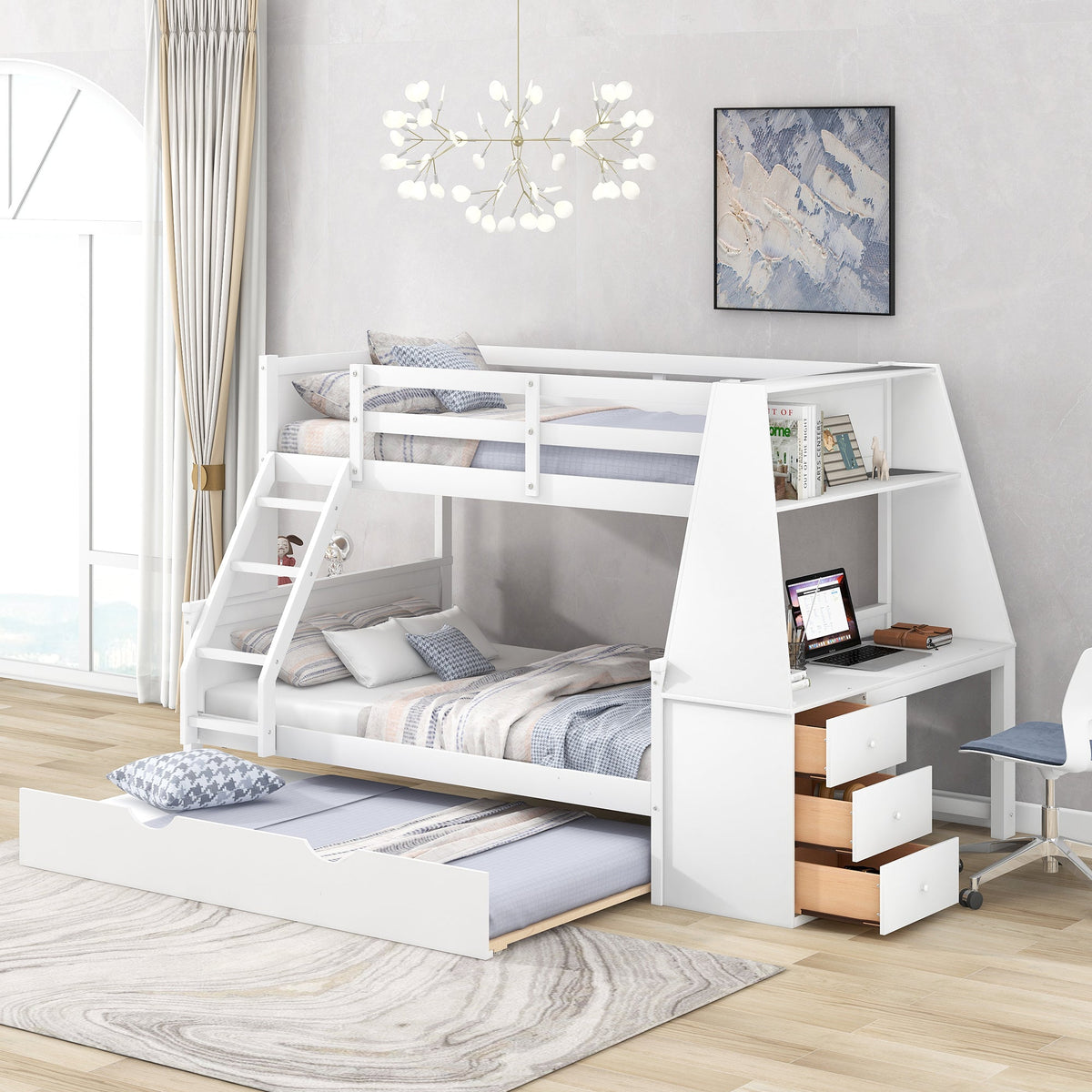 Twin Over Full Bunk Bed with Trundle and Built-in Desk