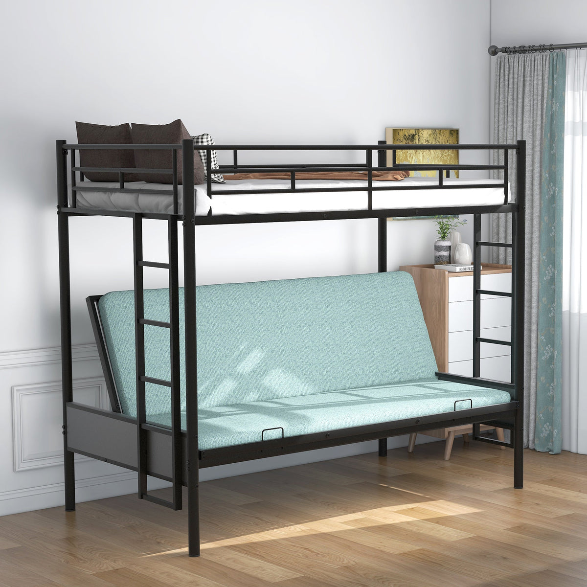 Twin Over Full Metal Bunk Bed, Multi-Function, Black