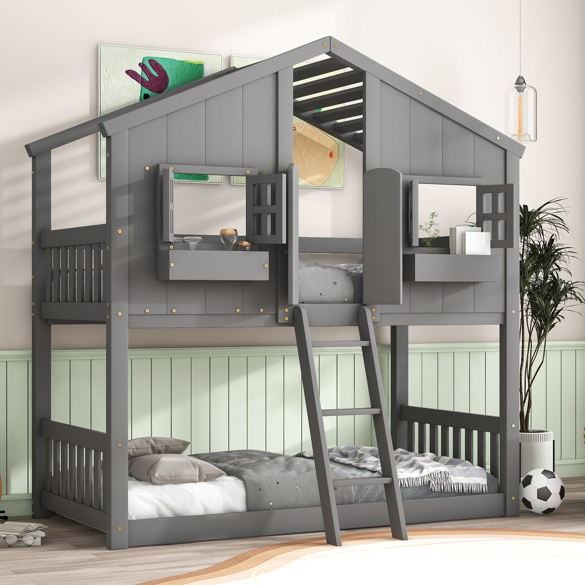 Twin Over Twin House Bunk Bed with Roof and Guardrails