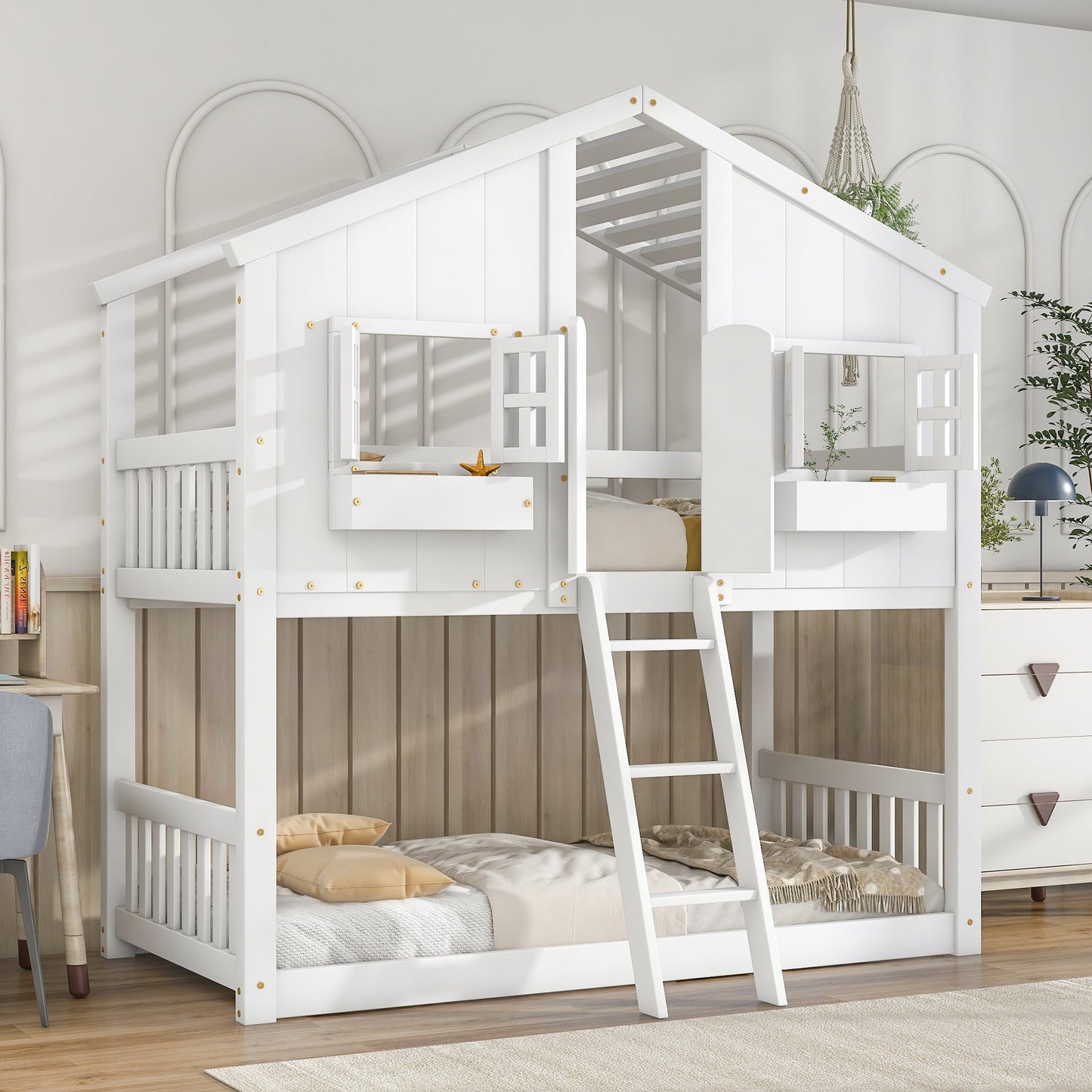 Twin Over Twin House Bunk Bed with Roof and Guardrails