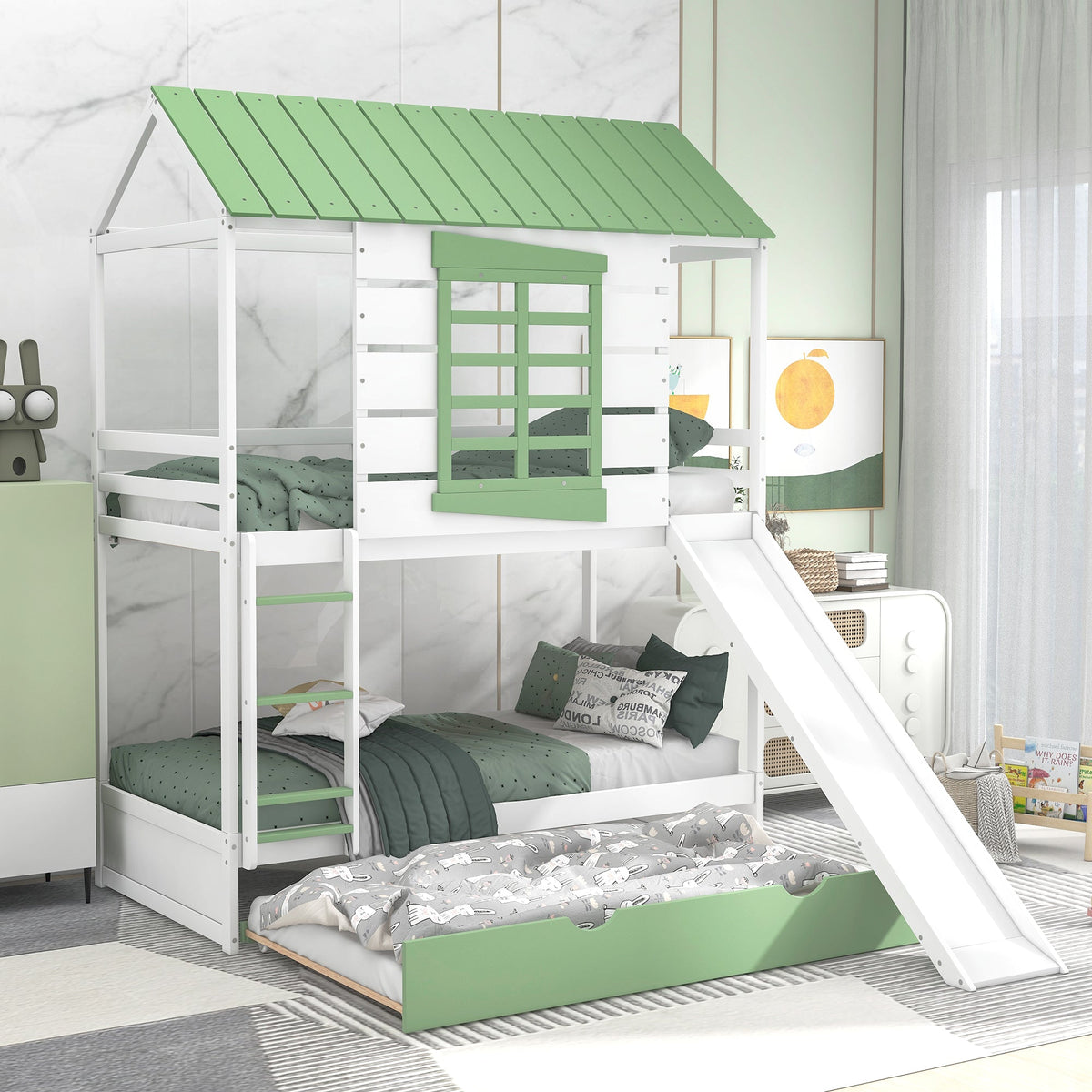 Twin Over Twin Size House Bunk Bed with Convertible Slide and Trundle