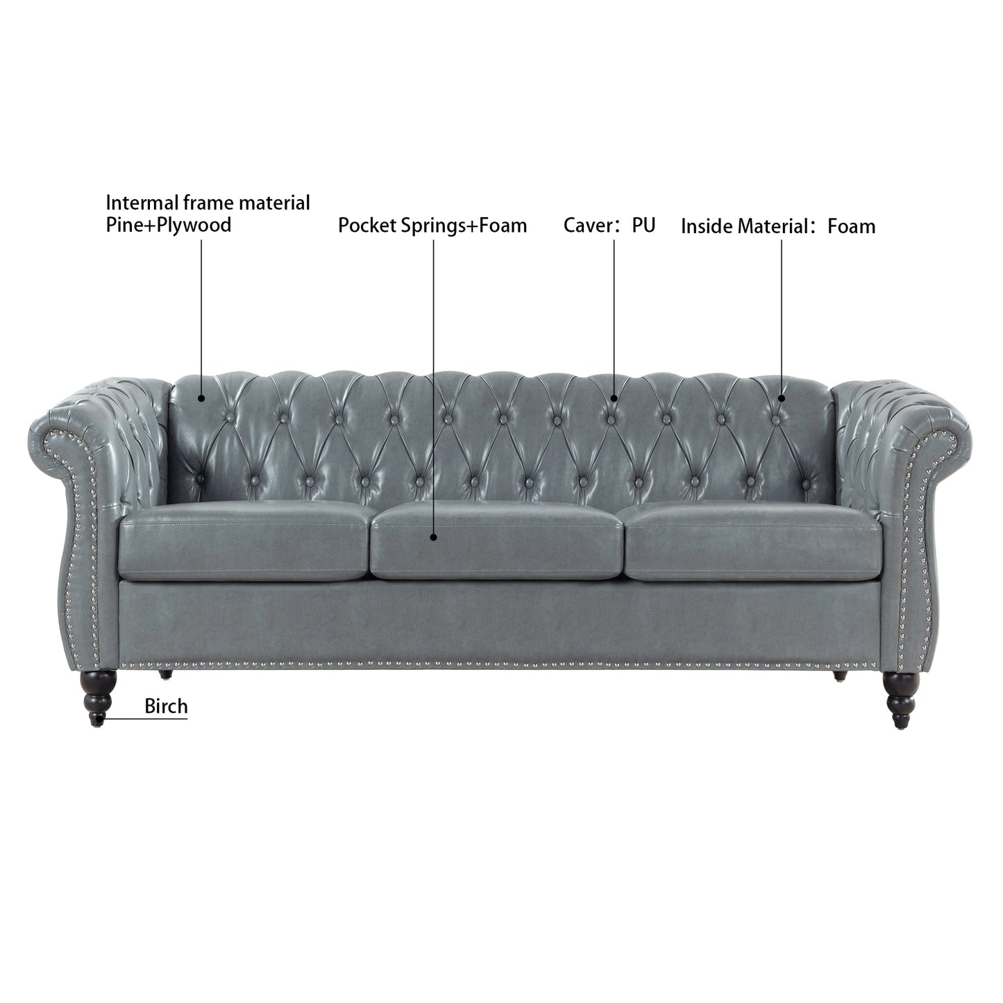 84.65" Rolled Arm Chesterfield 3 Seater Sofa