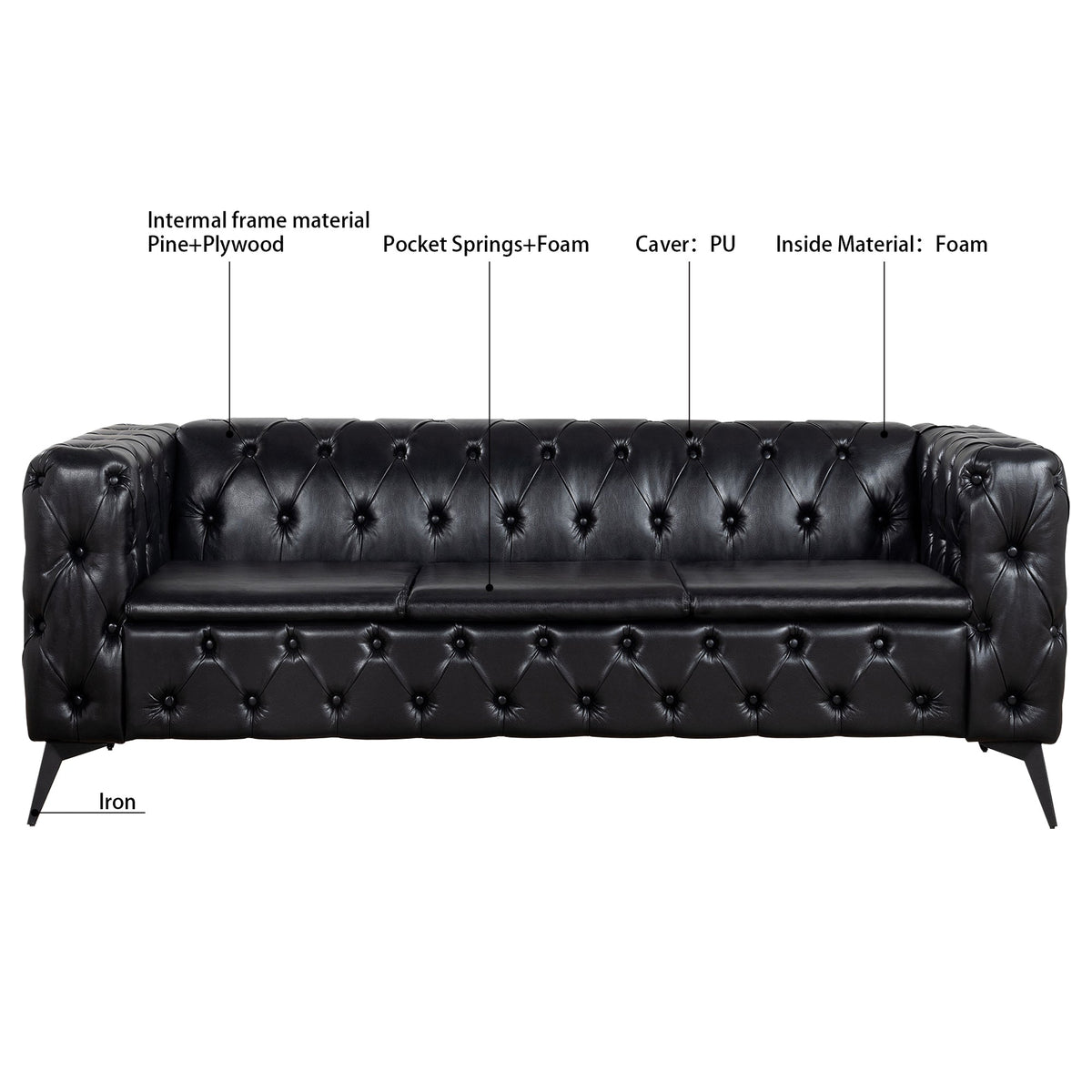 84.06 Inch Width Traditional Square Arm Removable Cushion 3 Seater Sofa