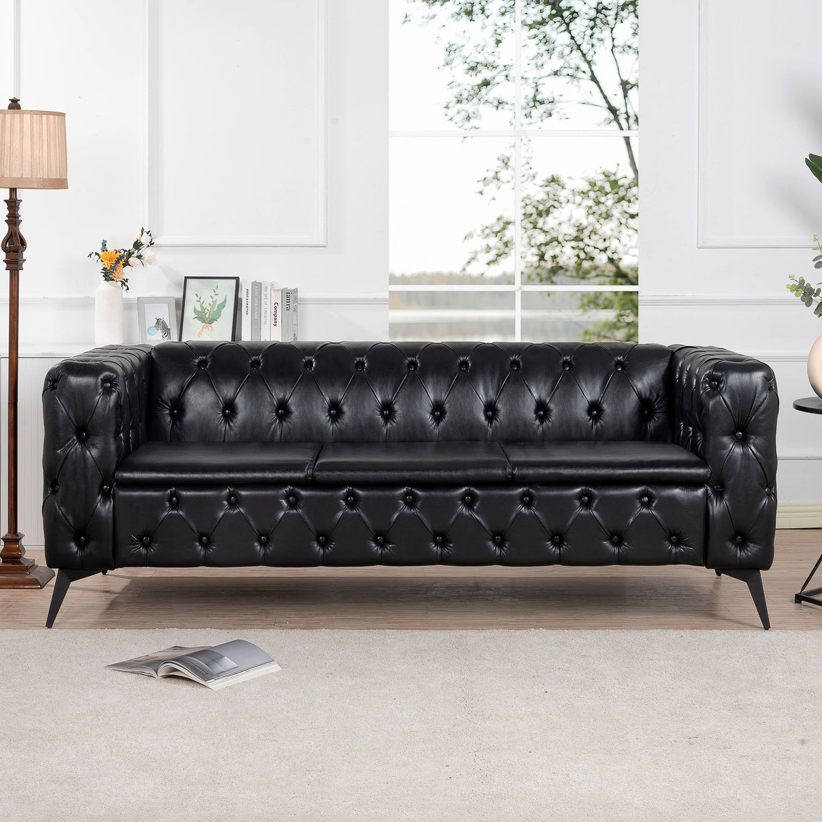 84.06 Inch Width Traditional Square Arm Removable Cushion 3 Seater Sofa