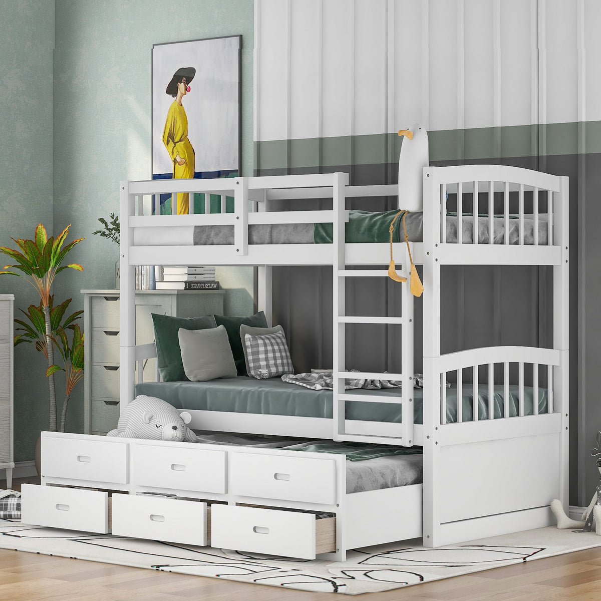 Twin Over Twin Wood Bunk Bed with Trundle and Drawers