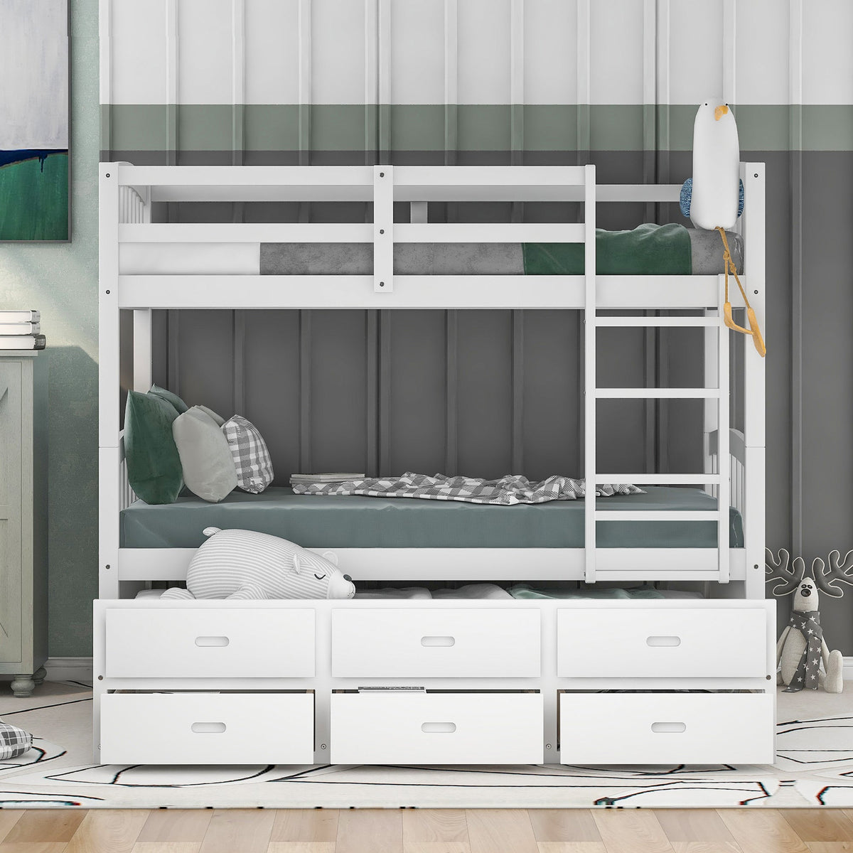 Twin Over Twin Wood Bunk Bed with Trundle and Drawers