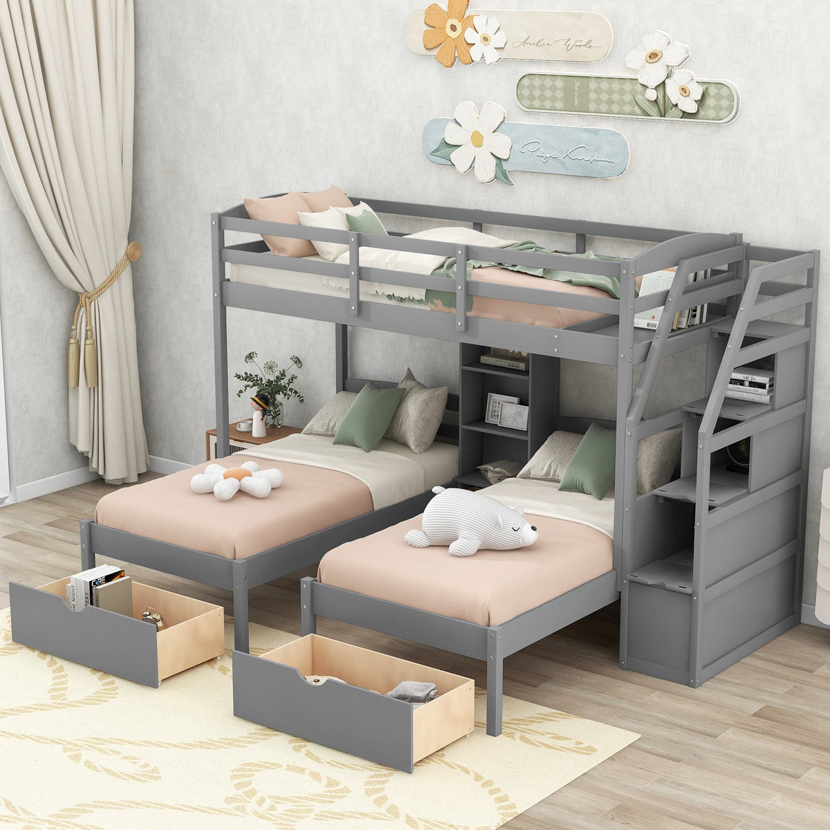 Twin Over Twin Bunk Bed with Drawers and Storage