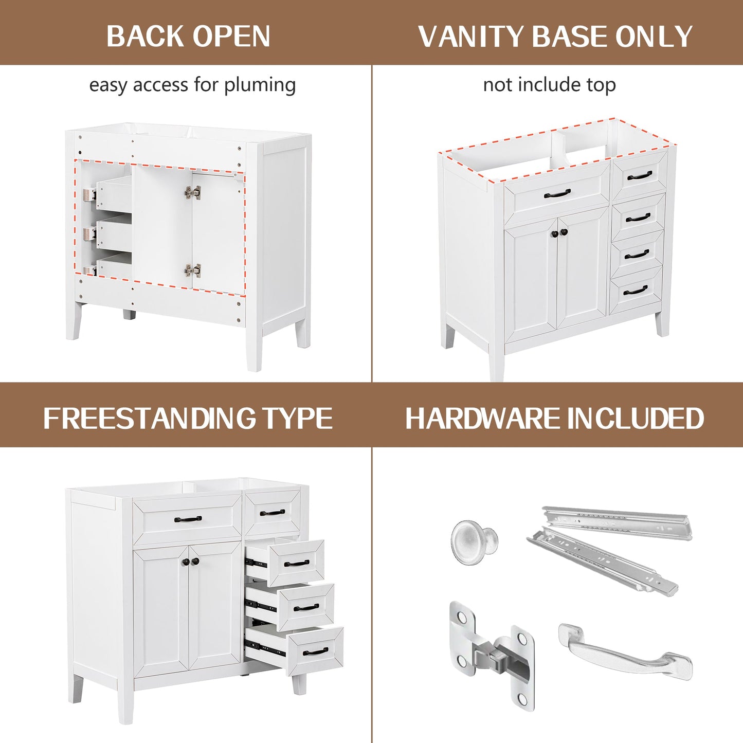 36" Bathroom Vanity Without Sink, Cabinet Base Only