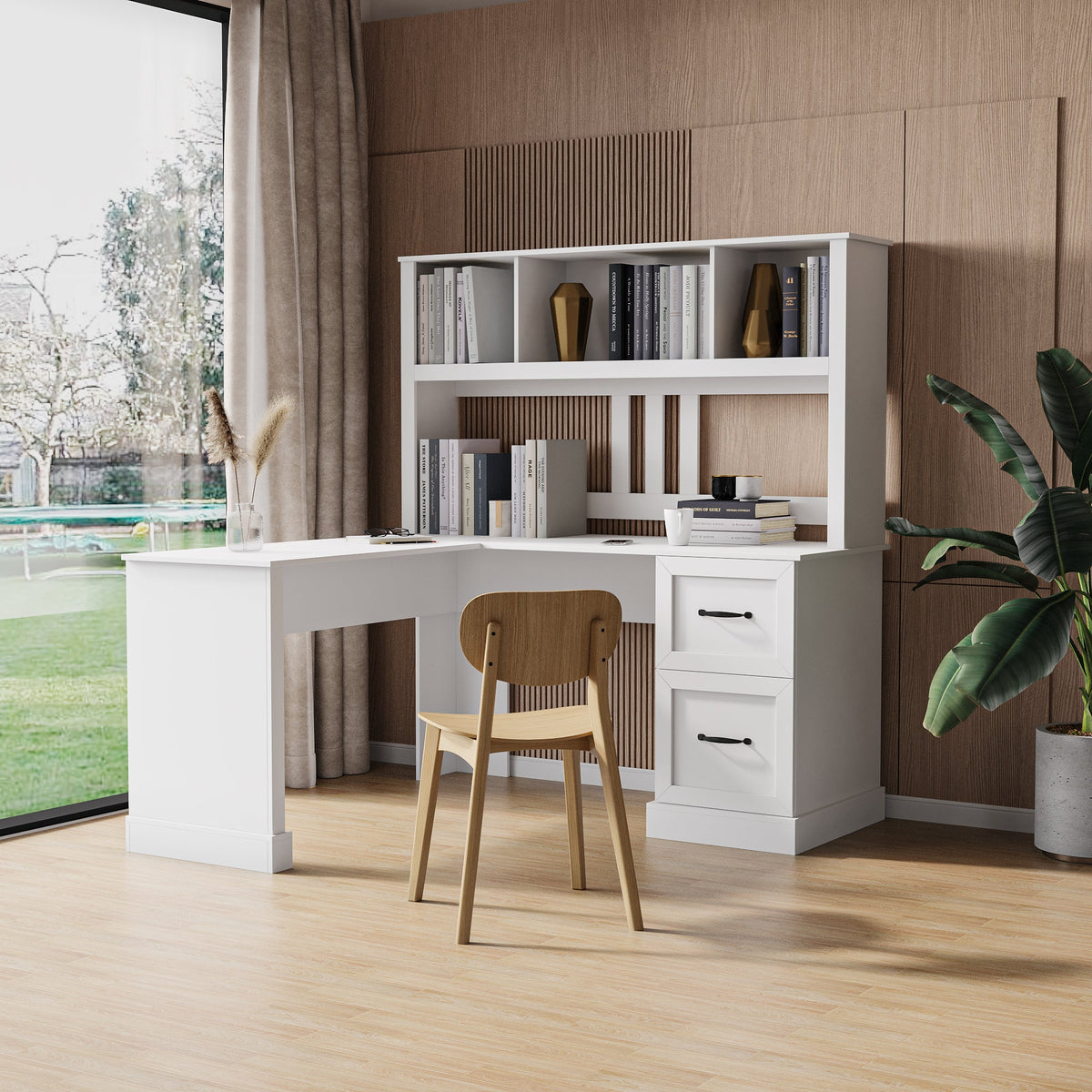Home Office Computer Desk with Hutch, Antiqued White