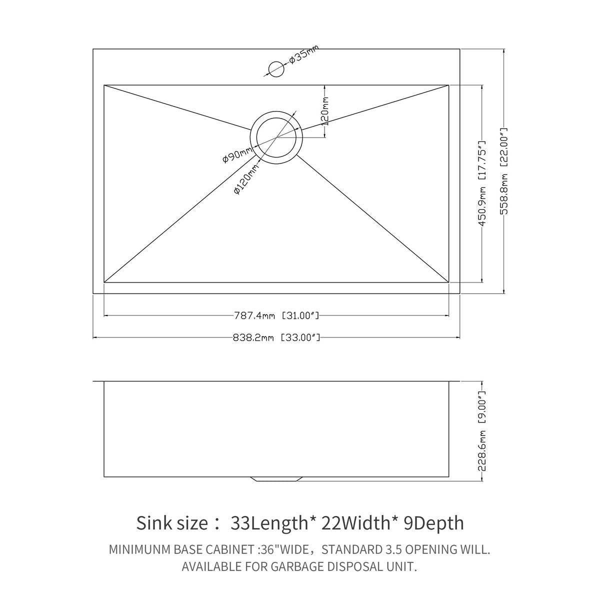 33" Drop In Kitchen Sink - 16 Gauge Stainless Steel