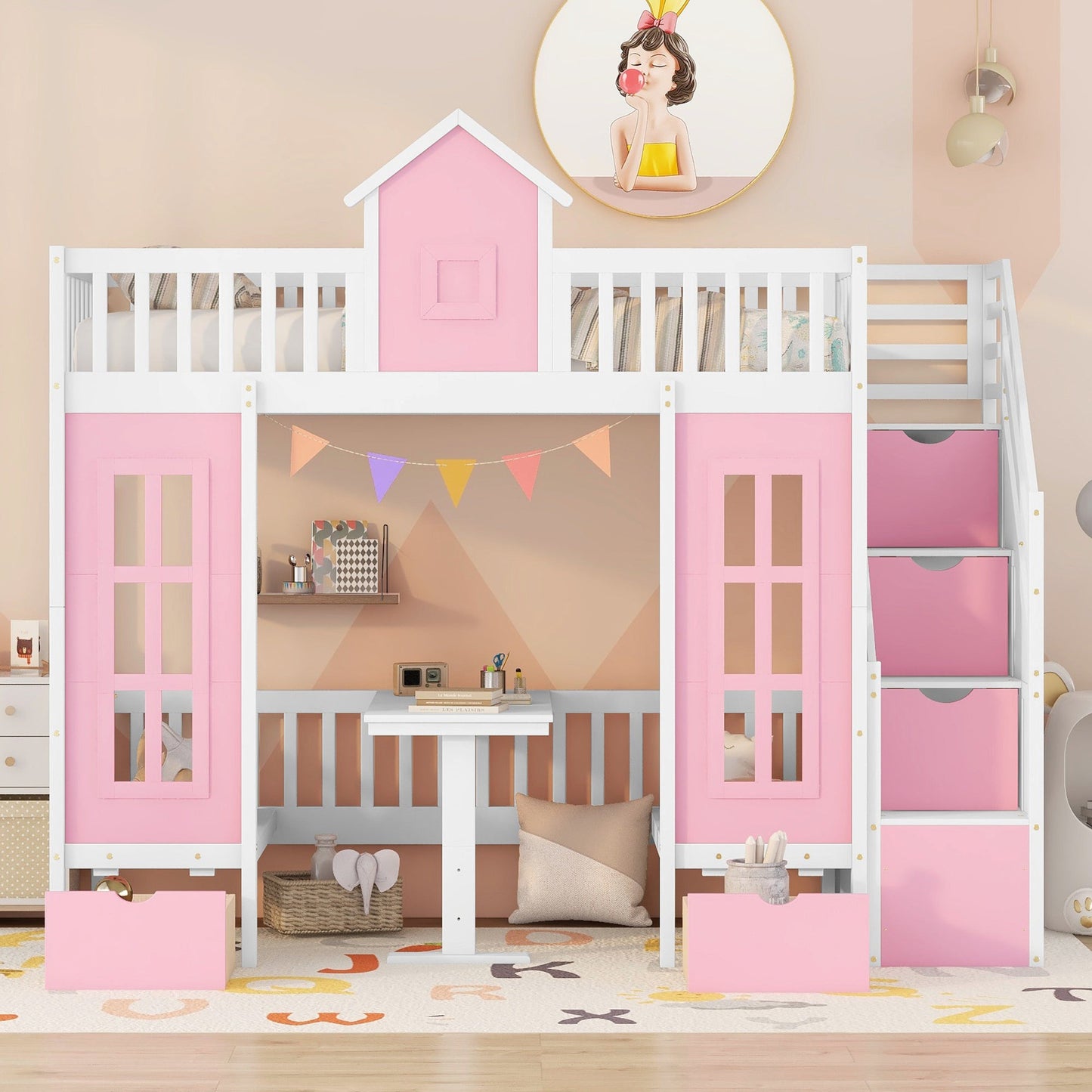 Twin-Over-Twin Bunk Bed with Changeable Table - Pink