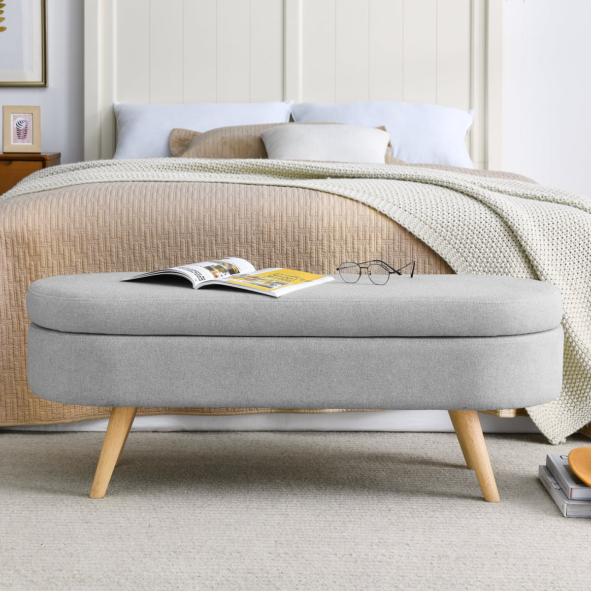 Ottoman Oval Storage Bench, Rubber Wood Legs, Grey