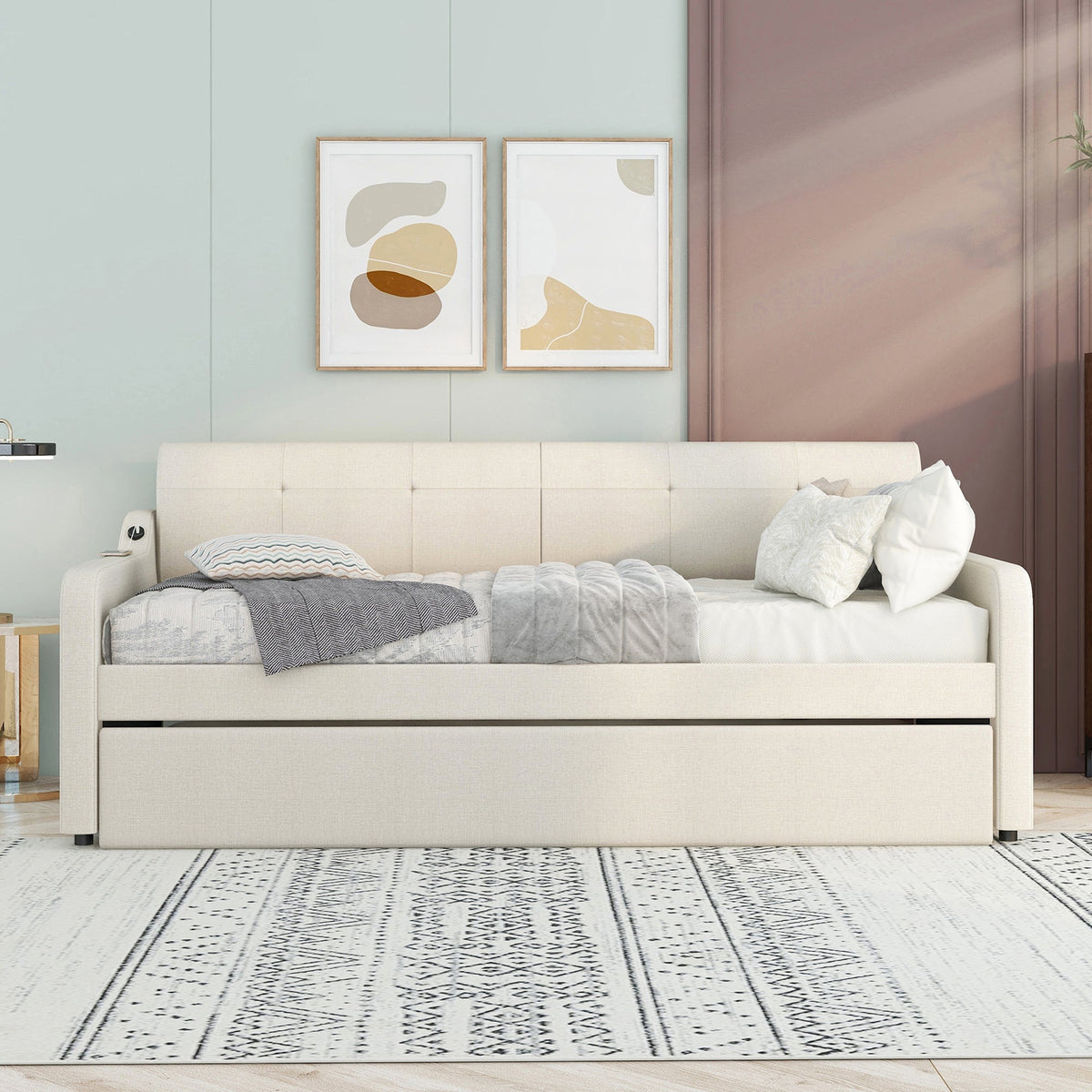 Twin Size Upholstery Daybed with Trundle and USB Charging Design
