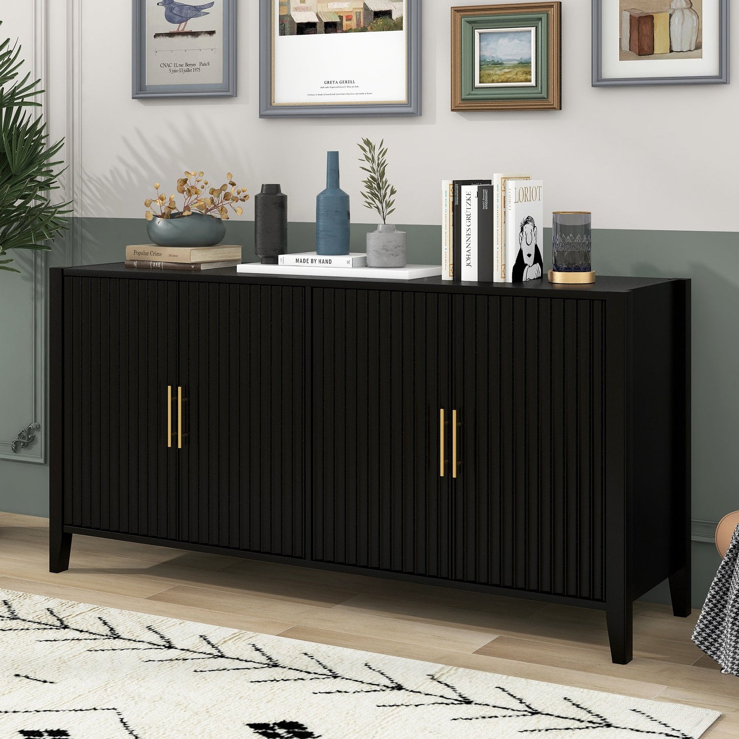 U_Style 61.1'' Modern 4-Vertical Wavy Slatted Doors Sideboard