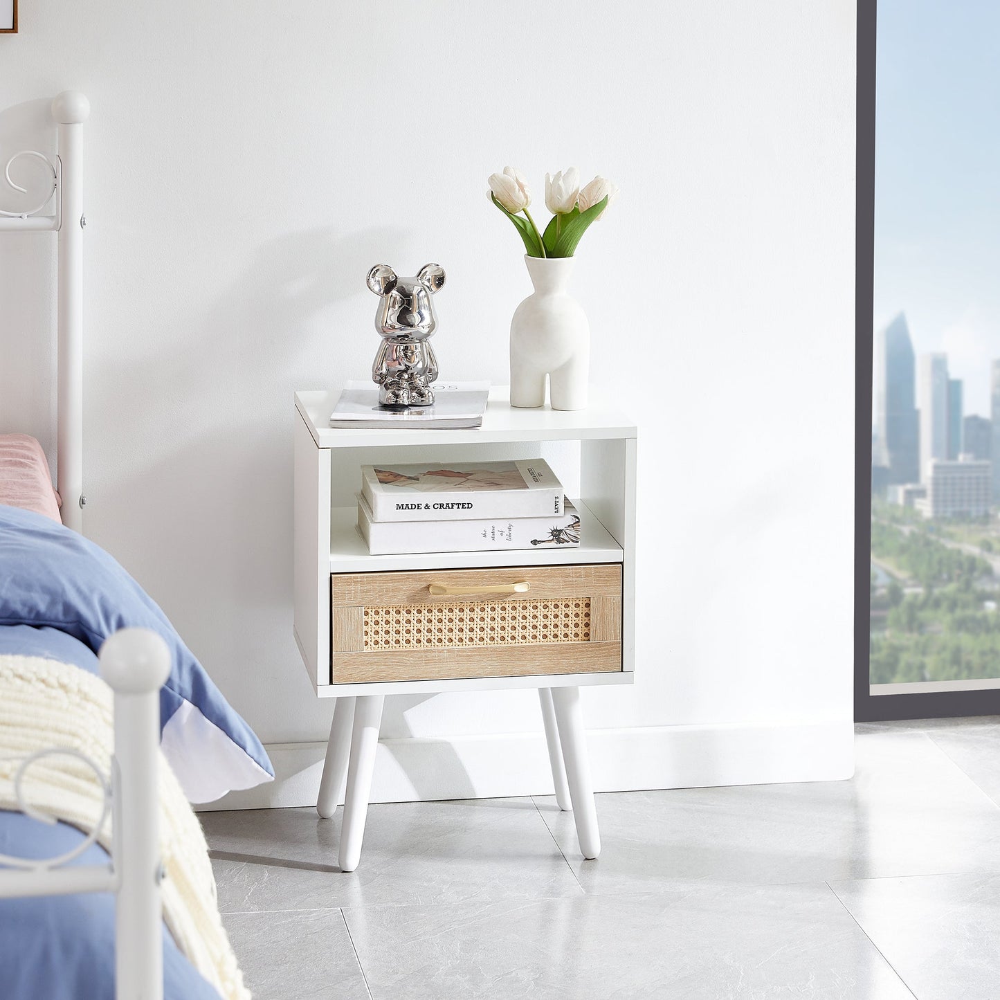 15.75" Rattan End Table with Drawer and Solid Wood Legs