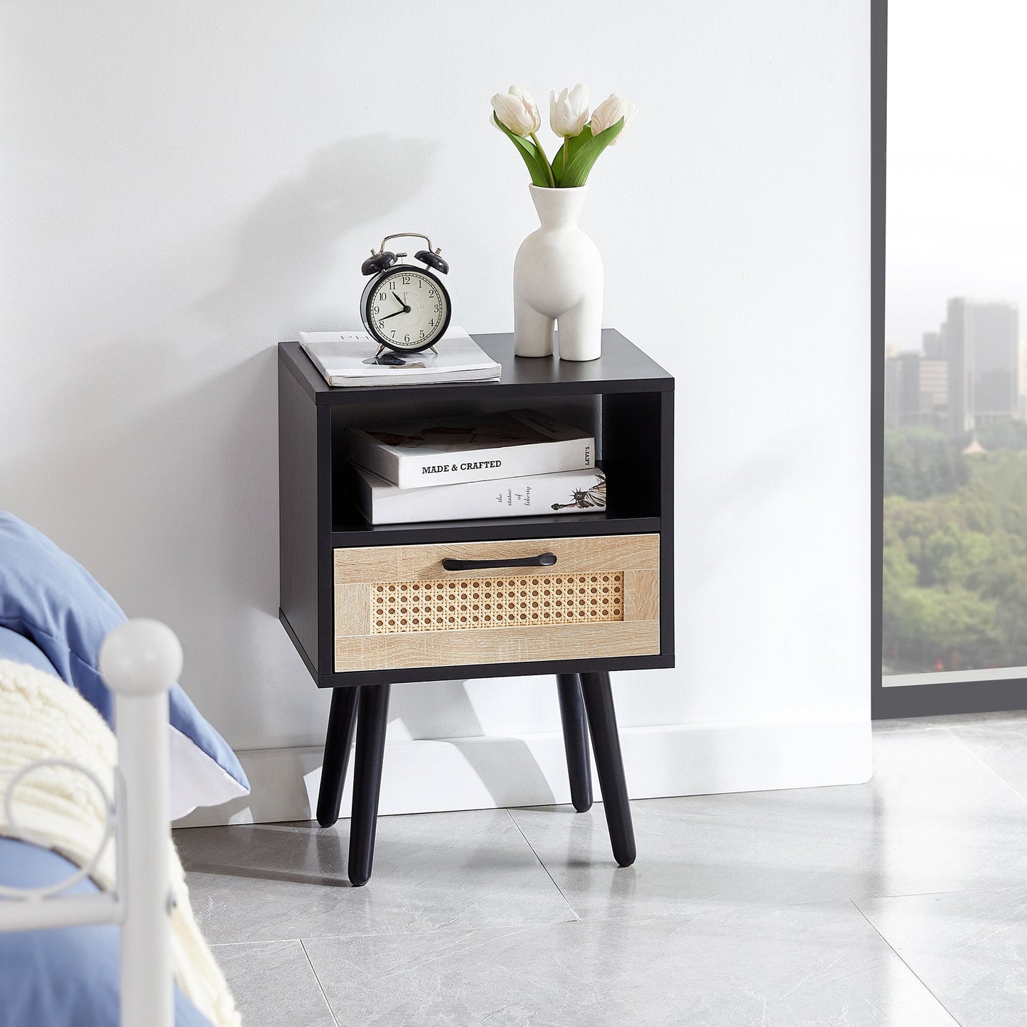 15.75" Rattan End Table with Drawer and Solid Wood Legs