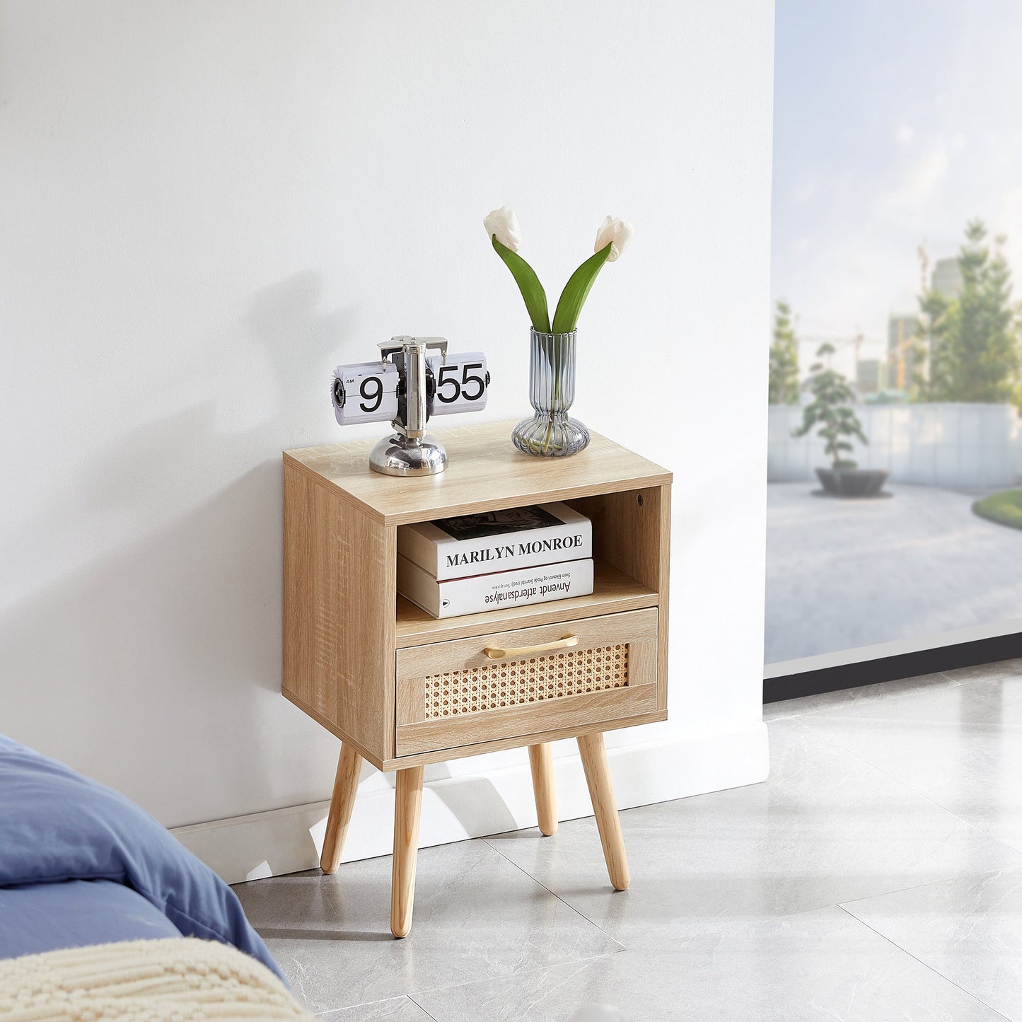 15.75" Rattan End Table with Drawer and Solid Wood Legs