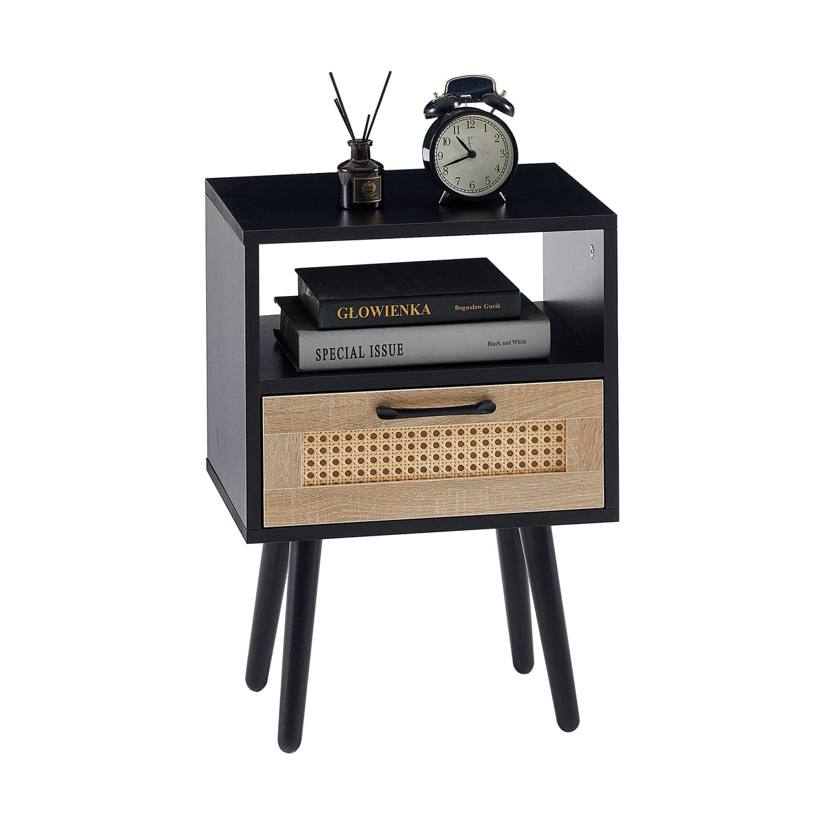 15.75" Rattan End Table with Drawer and Solid Wood Legs