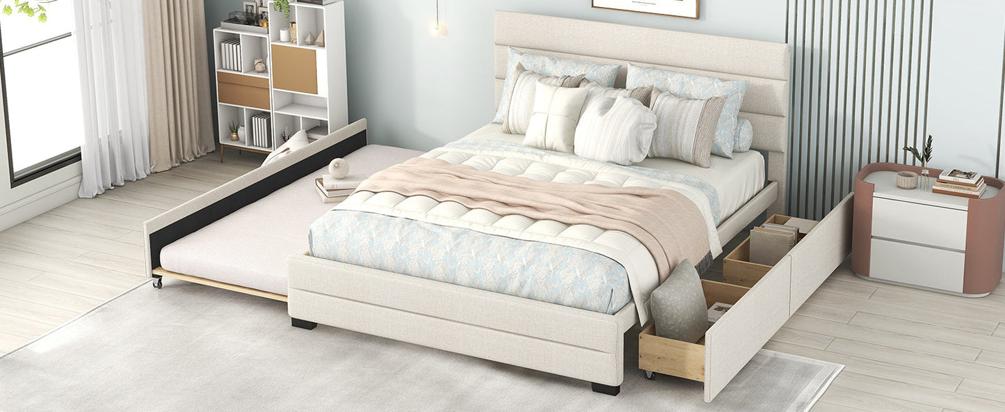 Queen Upholstered Platform Bed with Twin Size Trundle and Two Drawers