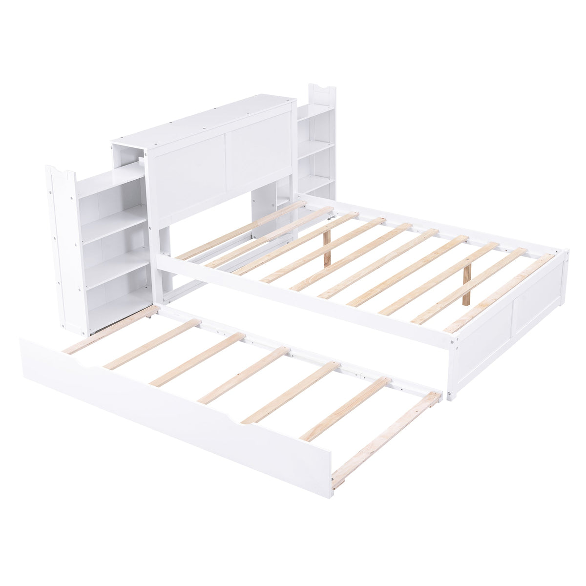 Full Size Storage Platform Bed with Pull Out Shelves and Twin Size Trundle