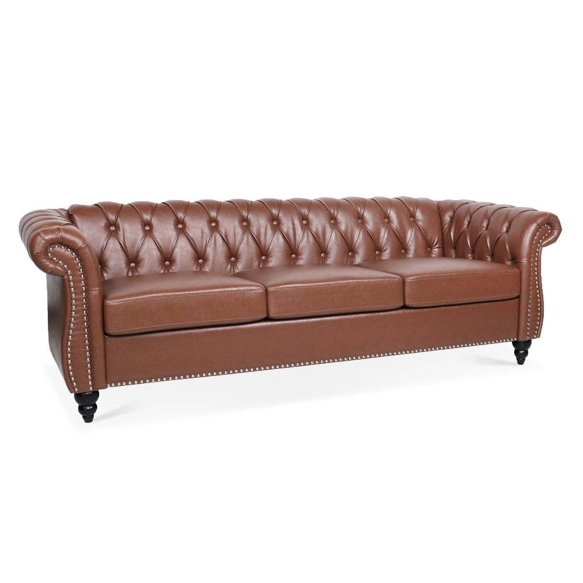 Brown PU Rolled Arm Chesterfield Three Seater Sofa