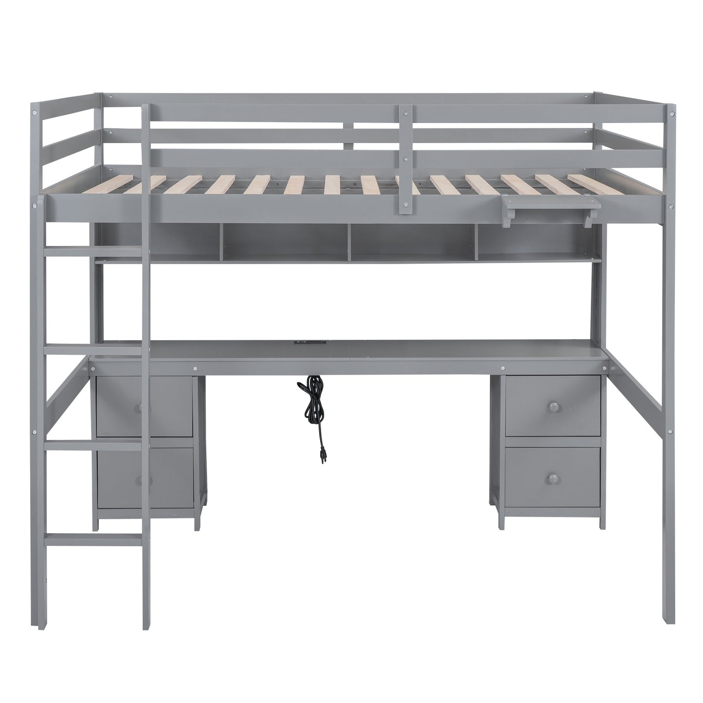 Full Size Loft Bed with Desk, Cabinets, Drawers and Bedside Tray, Charging Station