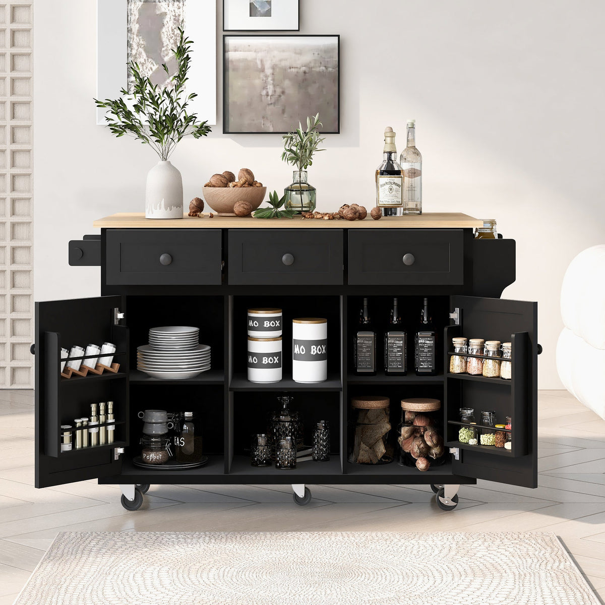 Kitchen Cart with Rubber Wood Drop-Leaf Countertop