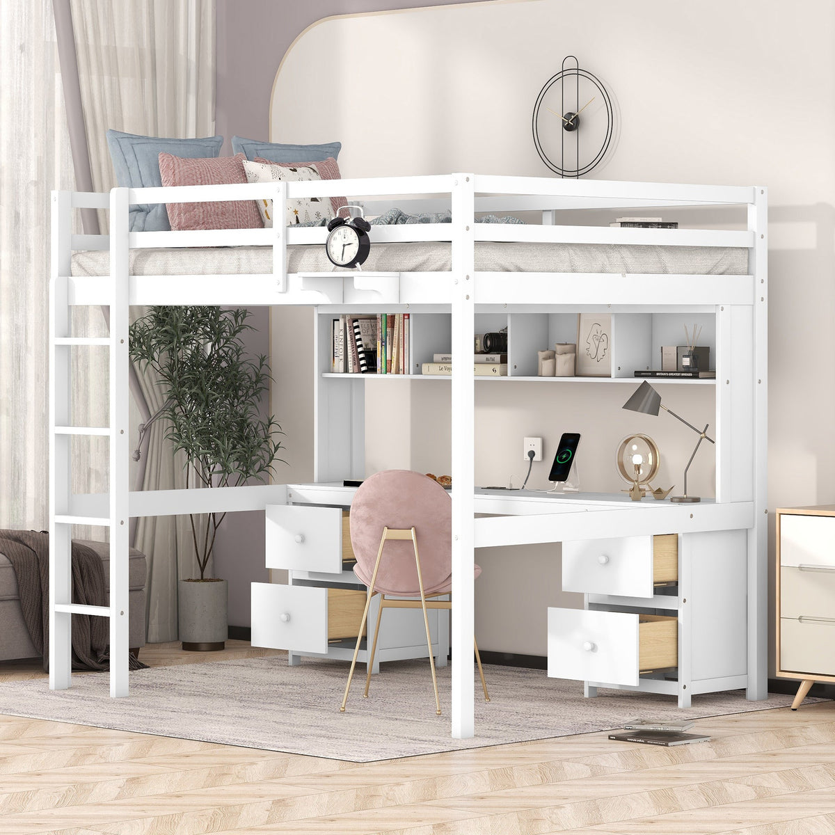 Full Size Loft Bed with Desk, Cabinets, Drawers and Bedside Tray, Charging Station