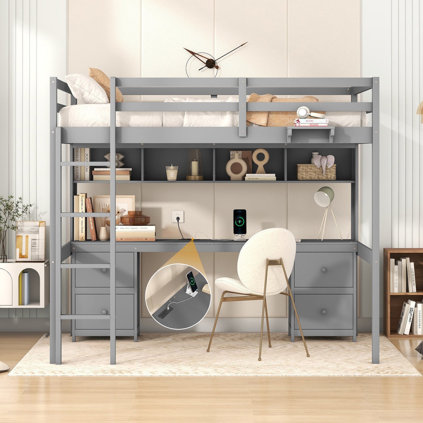 Full Size Loft Bed with Desk, Cabinets, Drawers and Bedside Tray, Charging Station