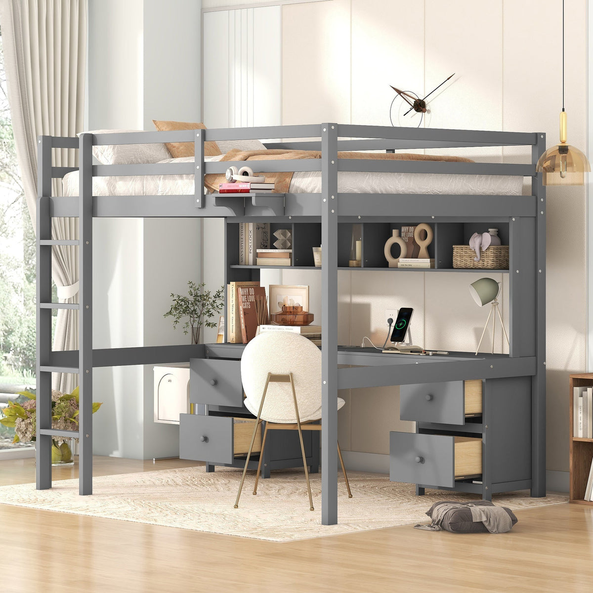 Full Size Loft Bed with Desk, Cabinets, Drawers and Bedside Tray, Charging Station