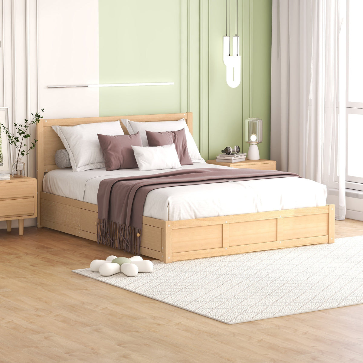 Queen Size Wood Platform Bed with Underneath Storage and 2 Drawers