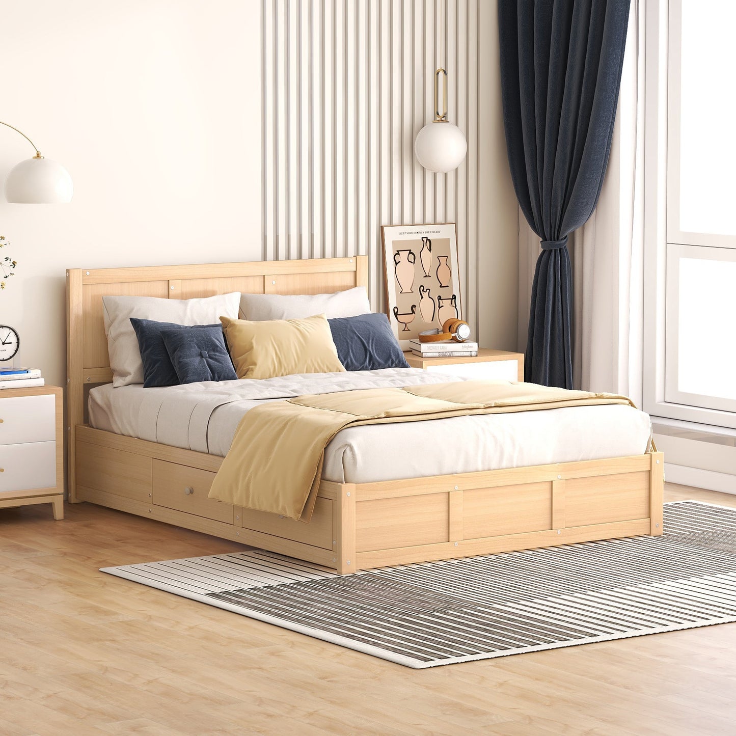 Full Size Wood Platform Bed with Underneath Storage and 2 Drawers