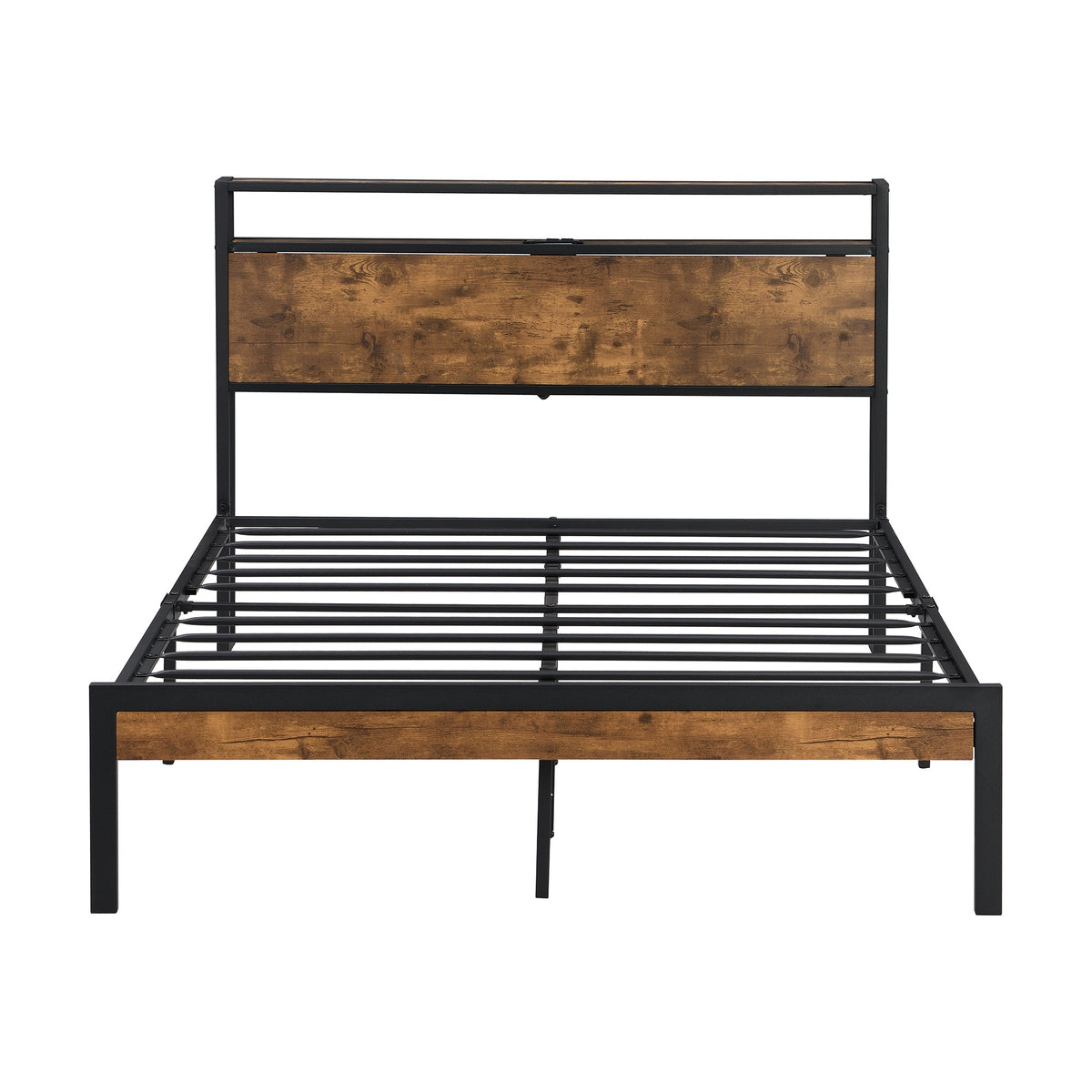King Size Metal Platform Bed Frame with Wooden Headboard