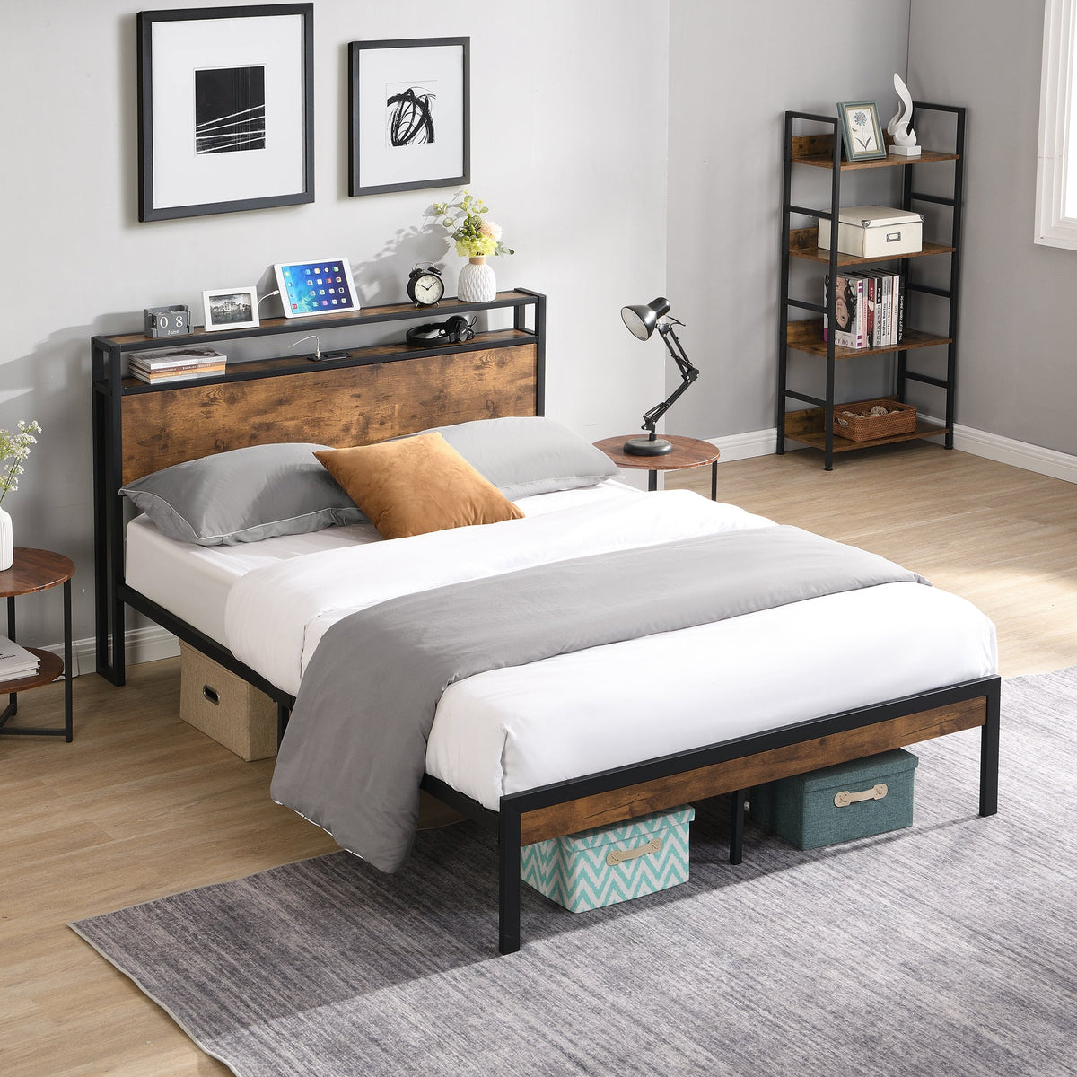 King Size Metal Platform Bed Frame with Wooden Headboard