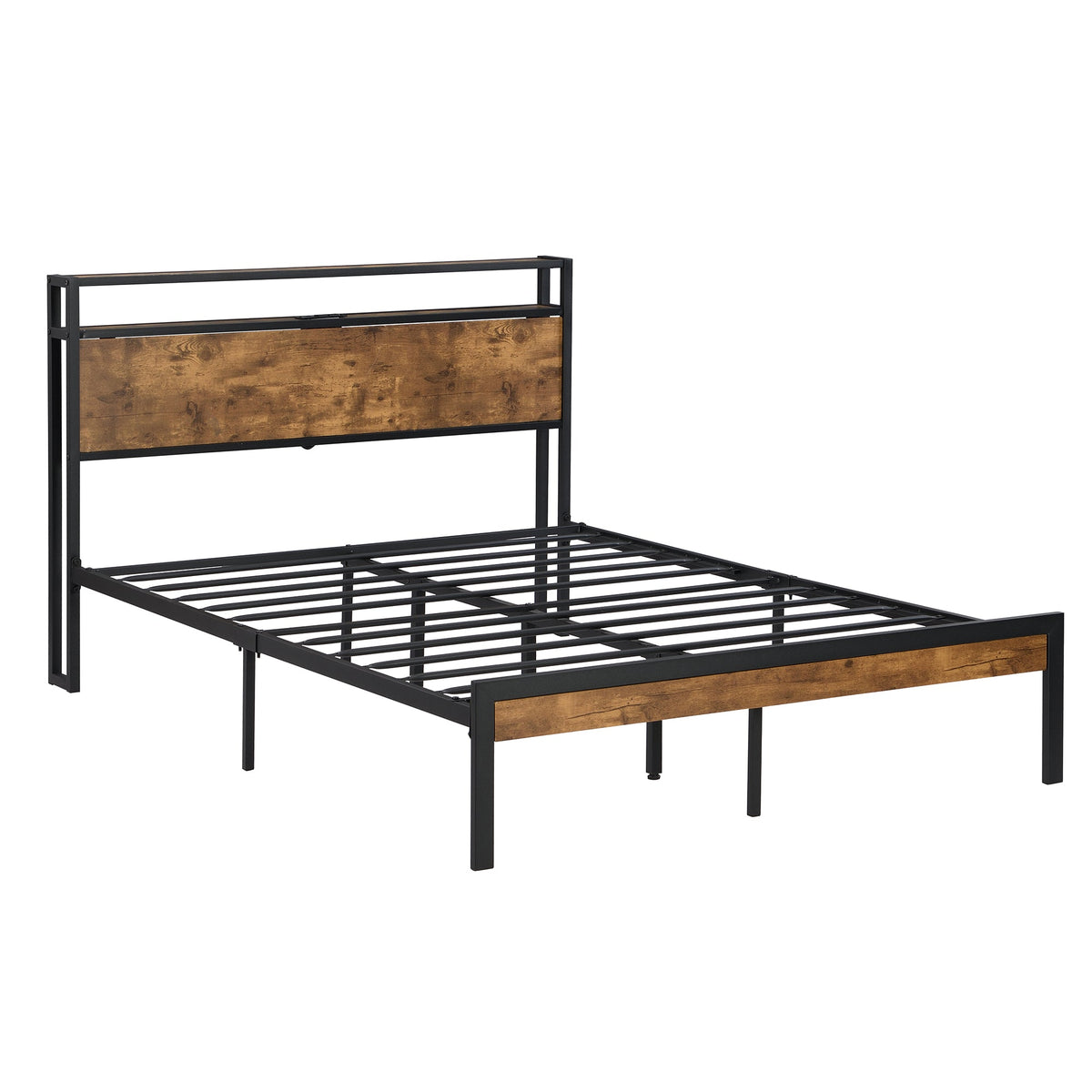 King Size Metal Platform Bed Frame with Wooden Headboard
