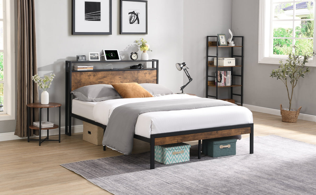 King Size Metal Platform Bed Frame with Wooden Headboard
