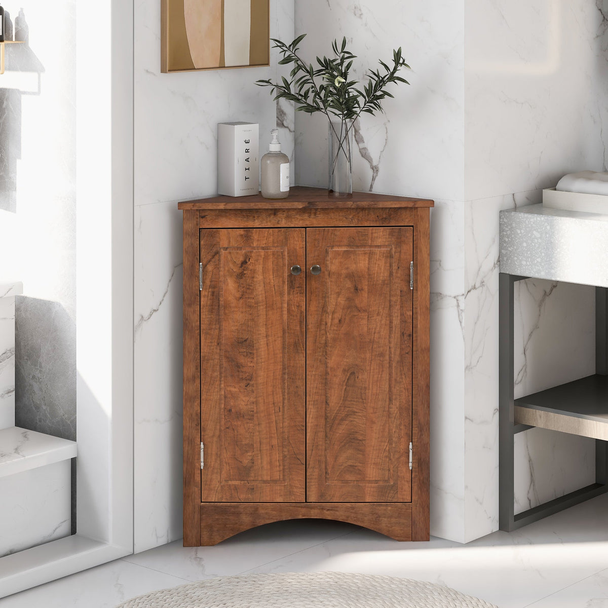 Brown Triangle Bathroom Storage Cabinet with Adjustable Shelves