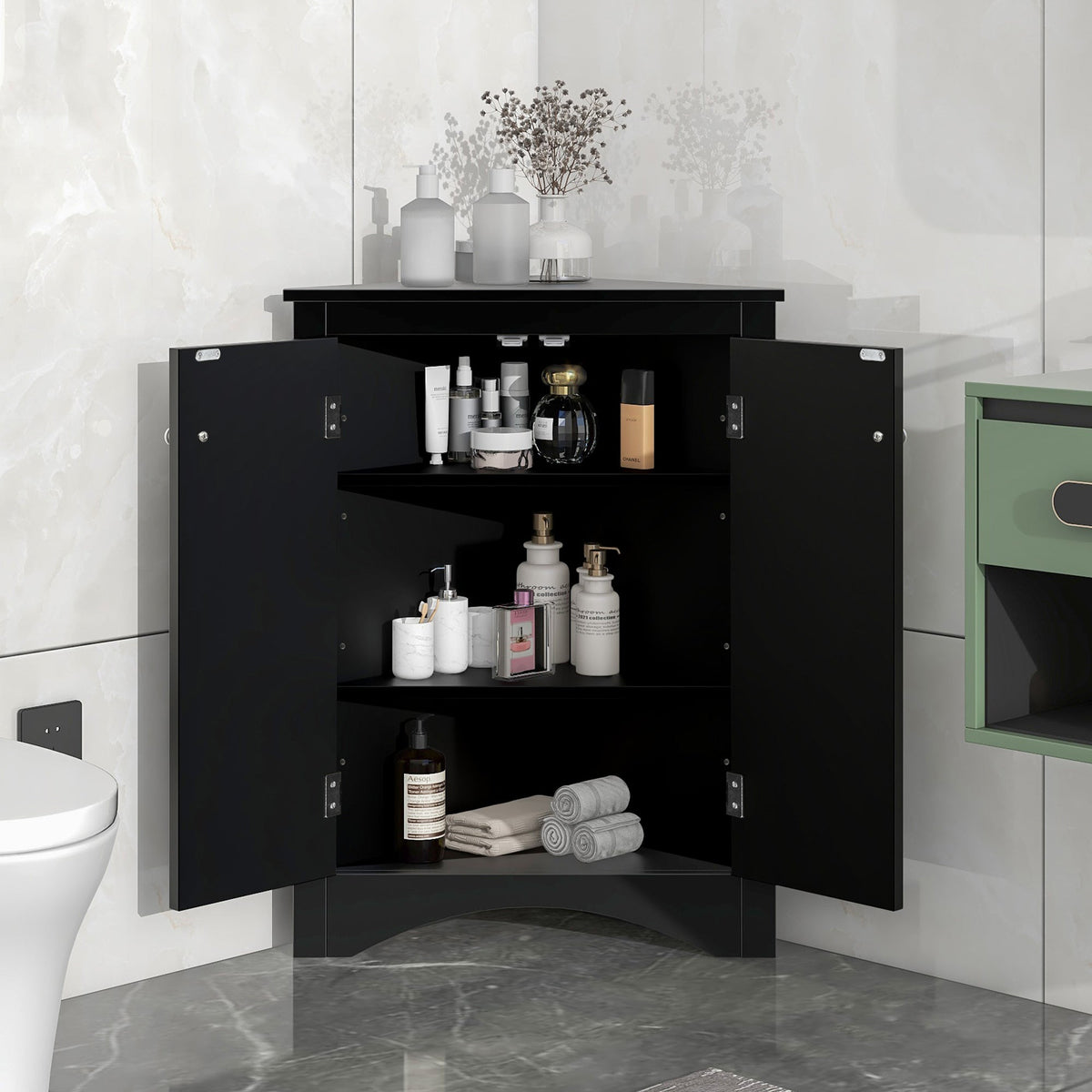 Black Triangle Bathroom Storage Cabinet with Adjustable Shelves
