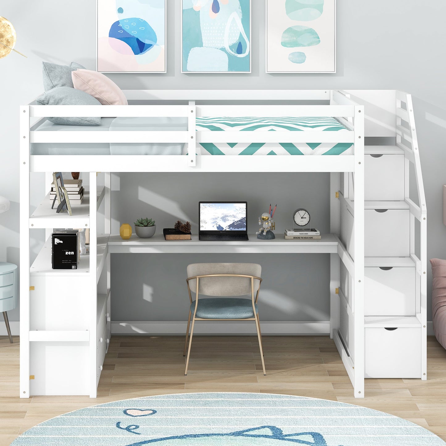 Full Size Loft Bed with Desk and Shelves