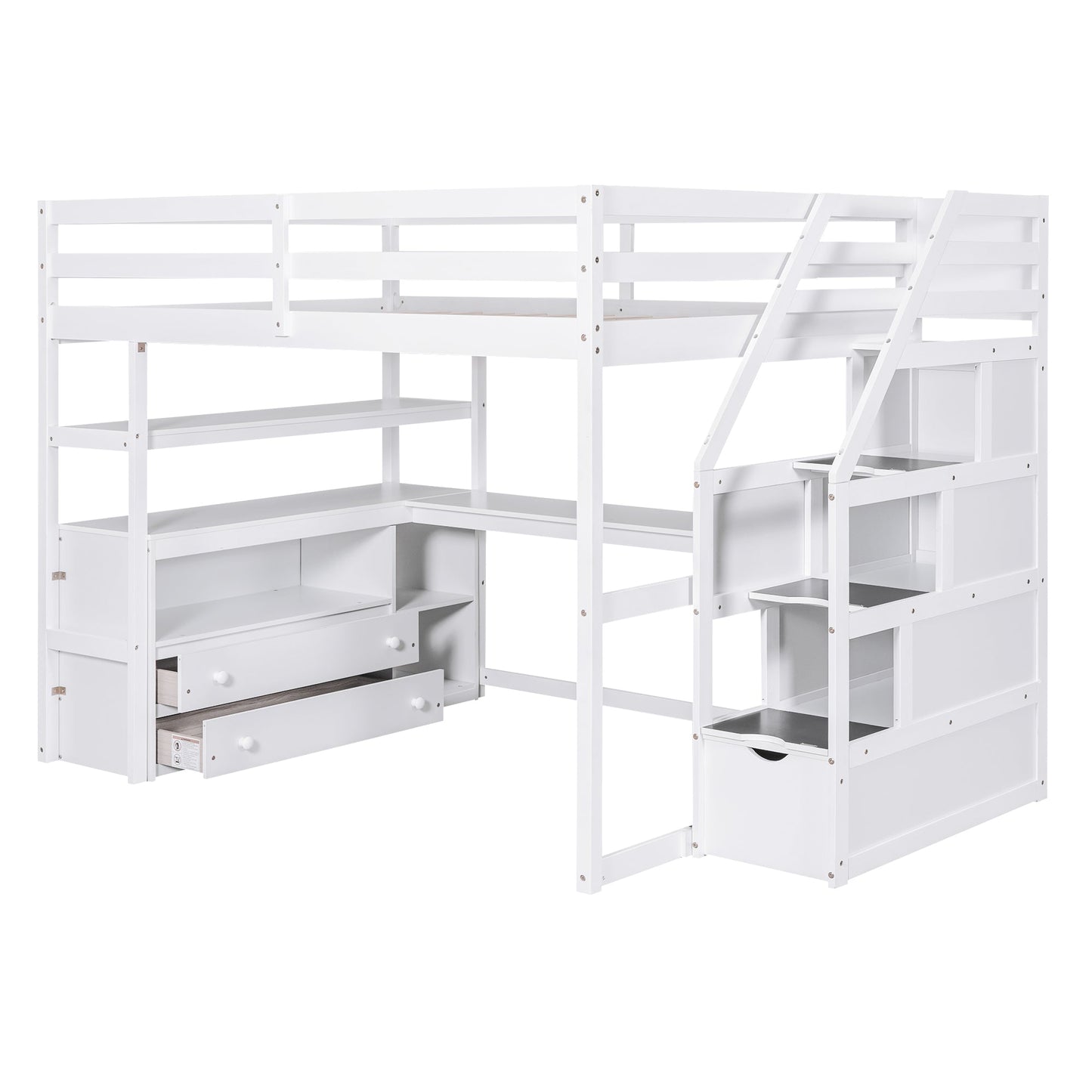 Full Size Loft Bed with Desk and Shelves