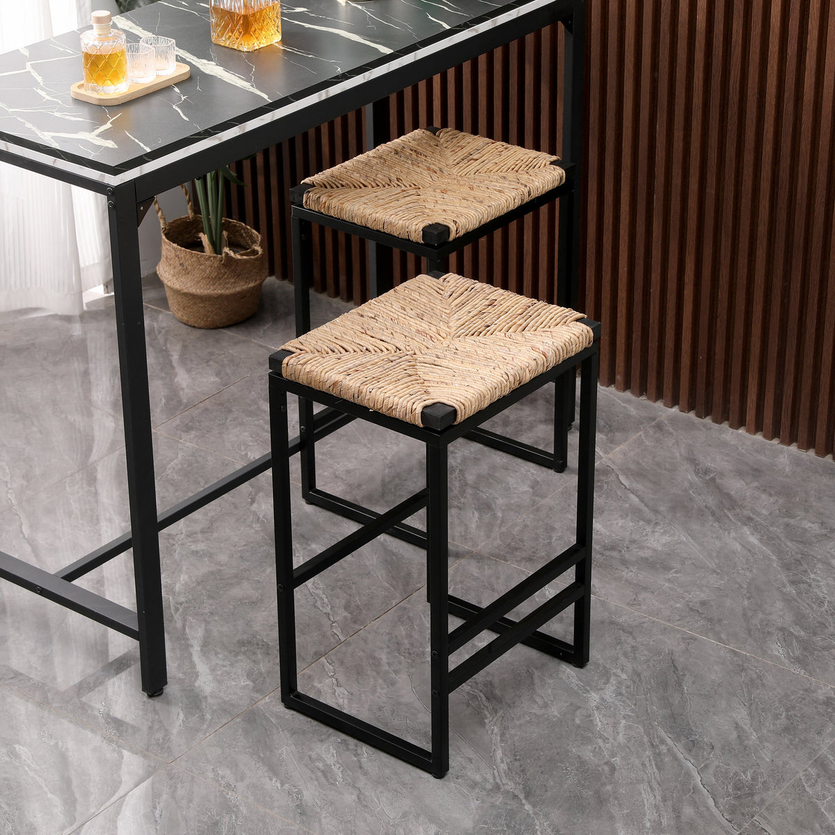 Set of 2 Water Hyacinth Woven Bar Stools for Kitchen Counter