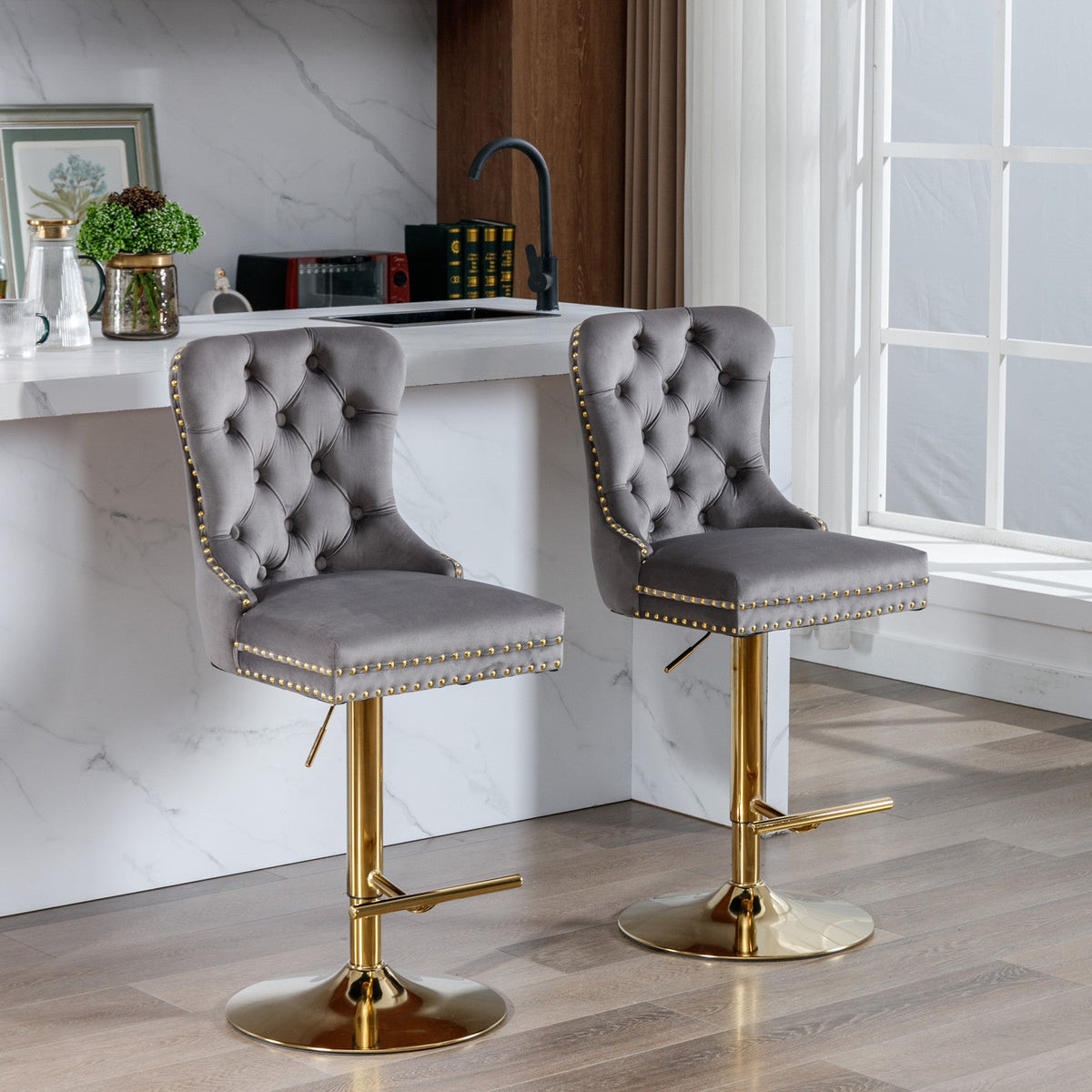 Thick Golden Swivel Velvet Barstools with Adjustable Seat Height
