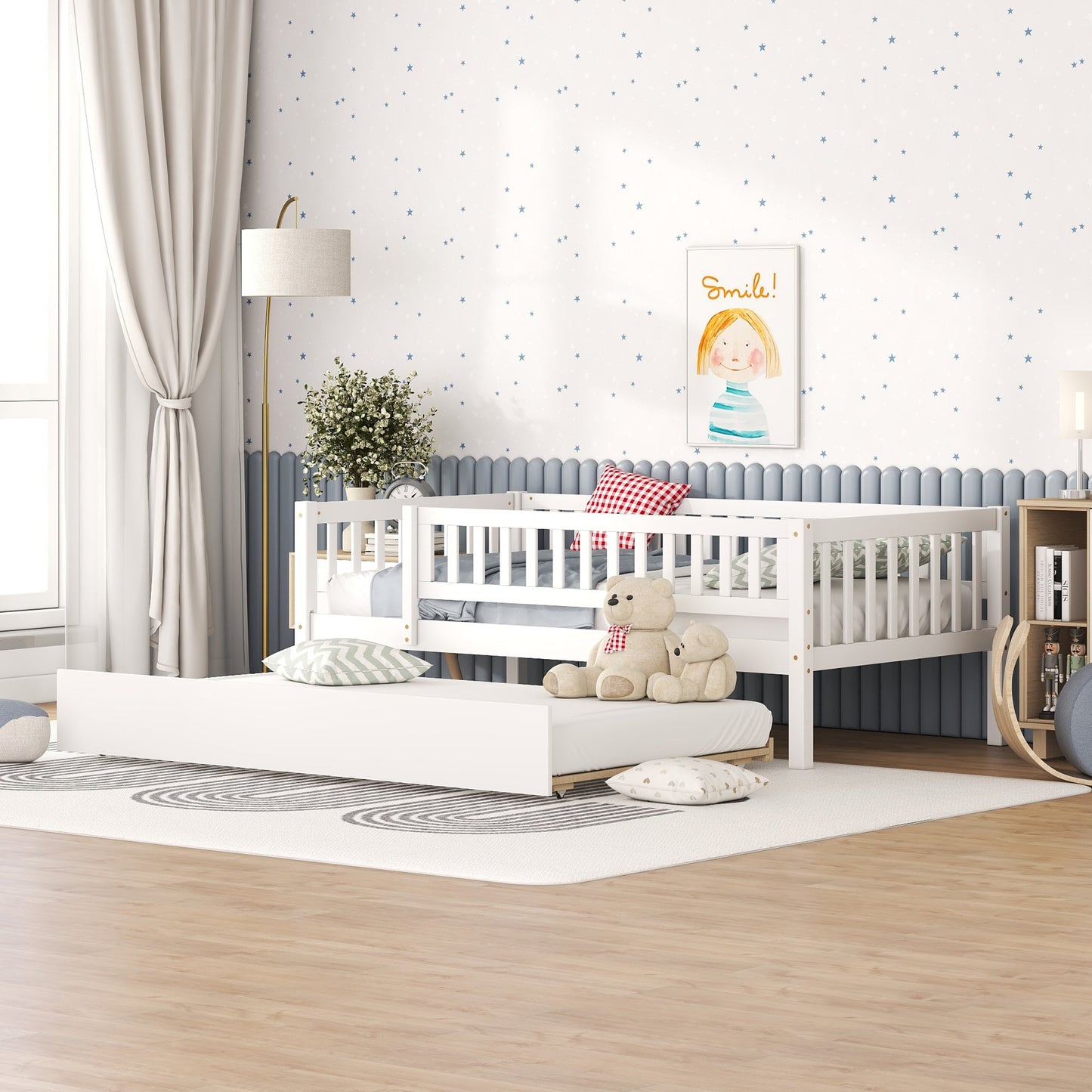 Twin Size Wood Daybed with Trundle and Fence Guardrails