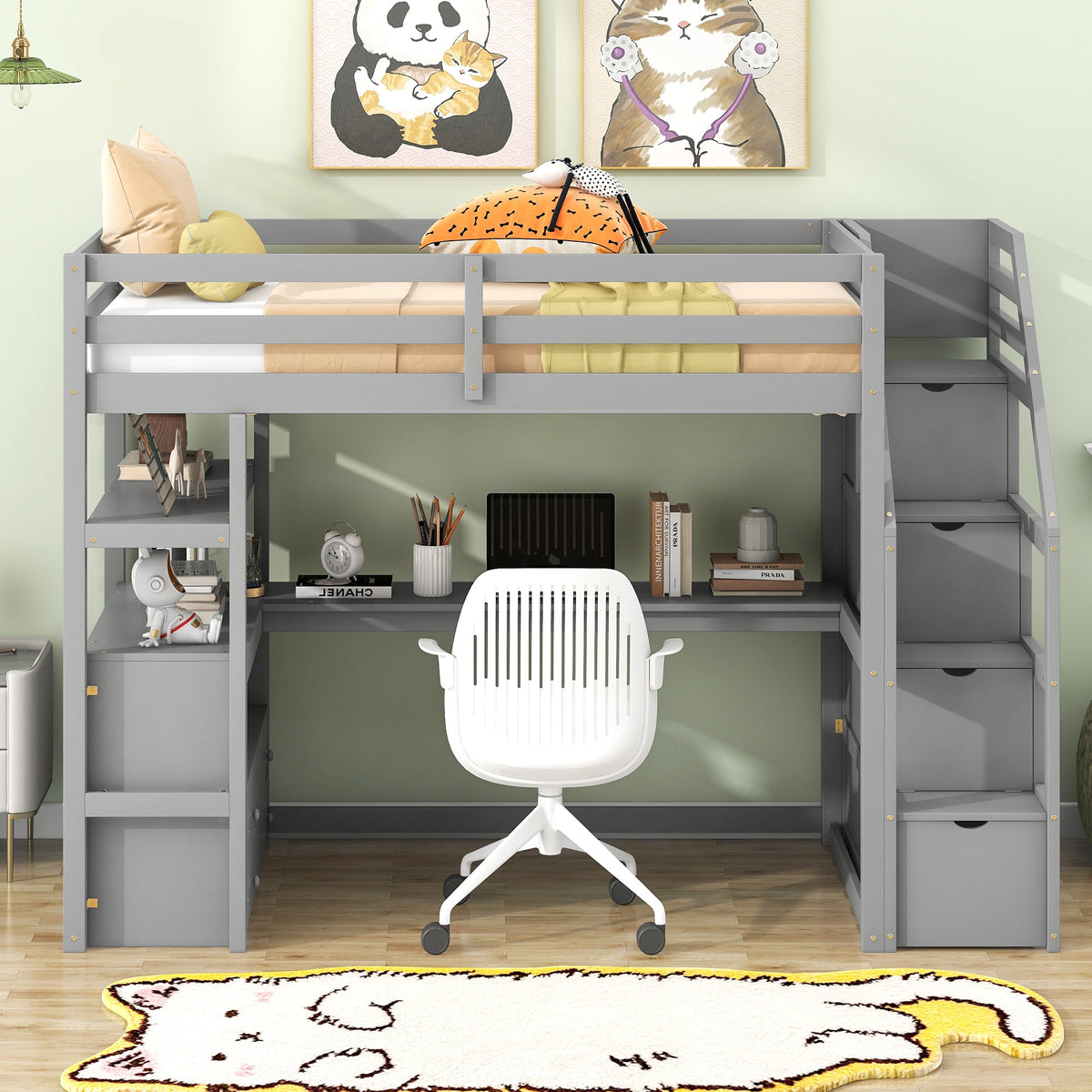Twin Size Loft Bed with Desk and Shelves